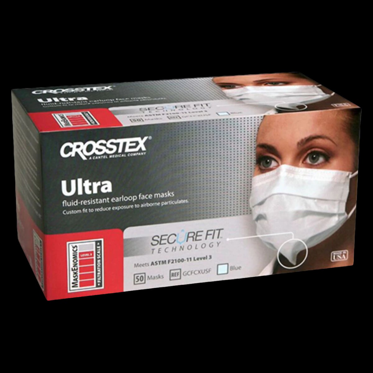 Crosstex Ultra Earloop Face Mask with Secure Fit Technology, ASTM Level 3, Blue, 50/Box, GCFCXUSF