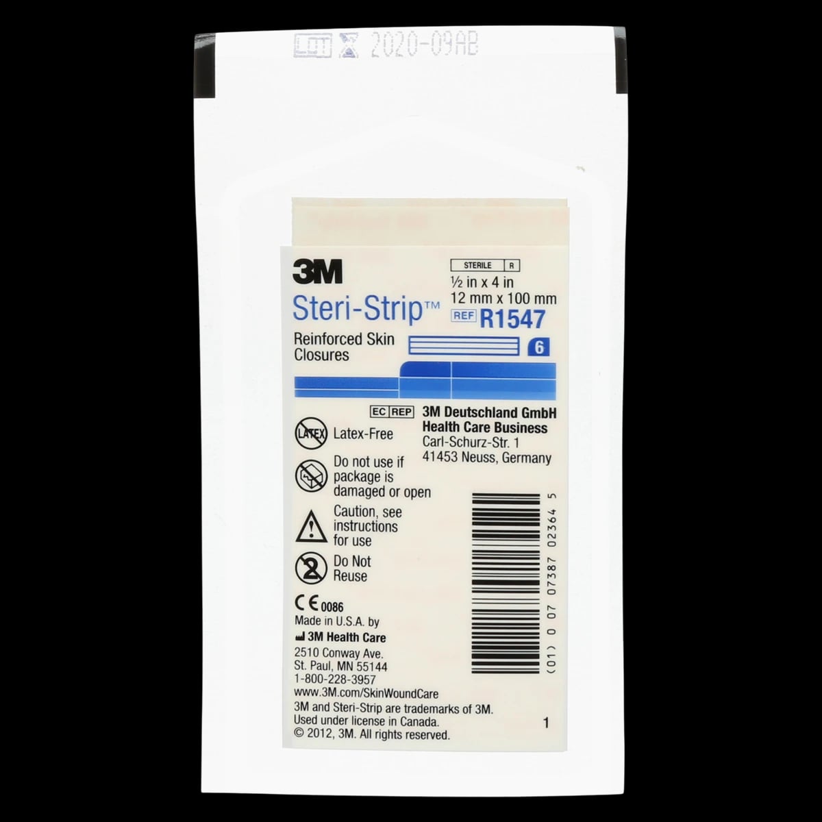 3M Steri-Strip Reinforced Adhesive Skin Closures, 1/2" x 4" (12mm x 100mm), 6 Strips/Envelope, 50 Envelopes/Box, R1547