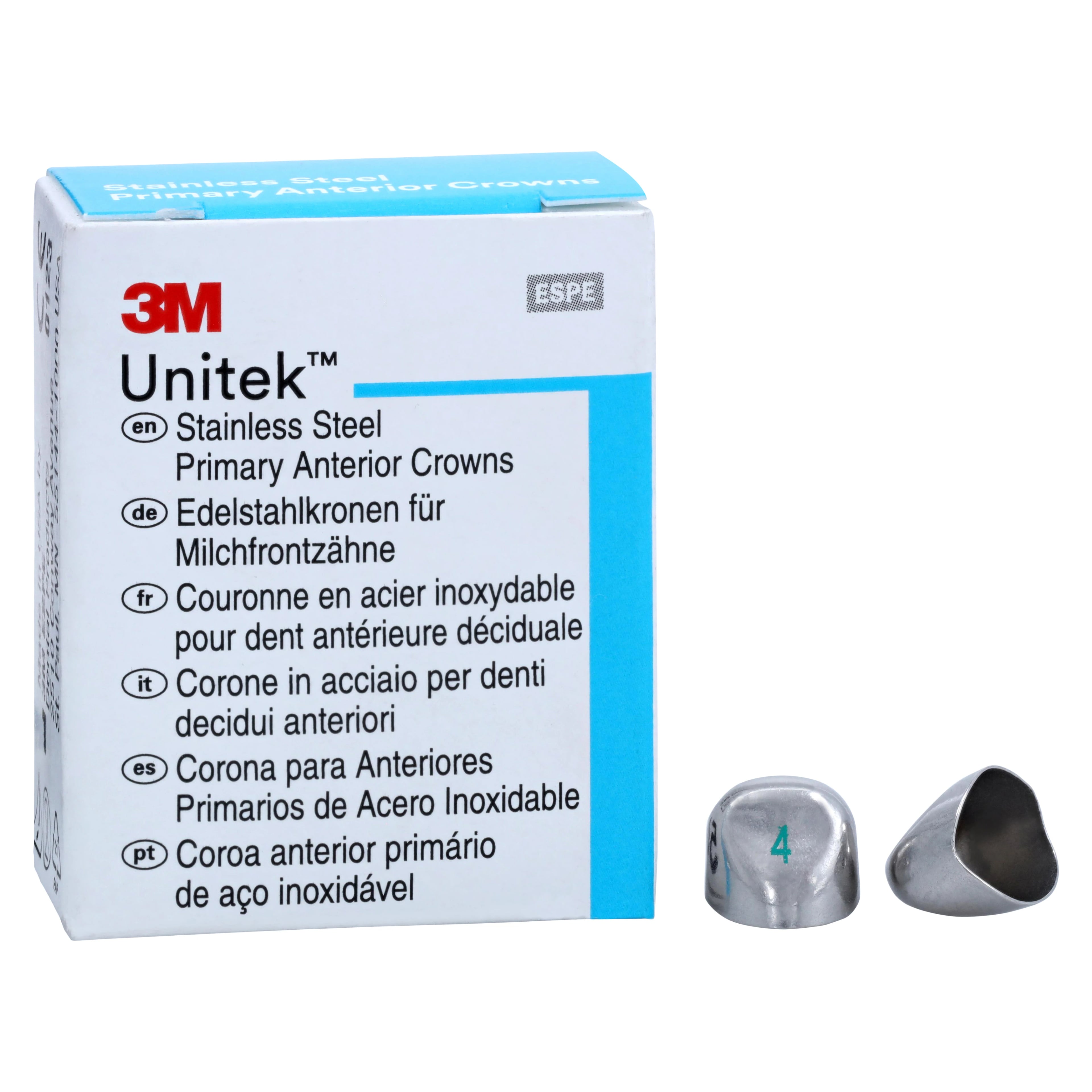 3M Unitek Stainless Steel Primary Anterior Crowns, Upper Cuspid, Size 4U, 5/Box, 907044