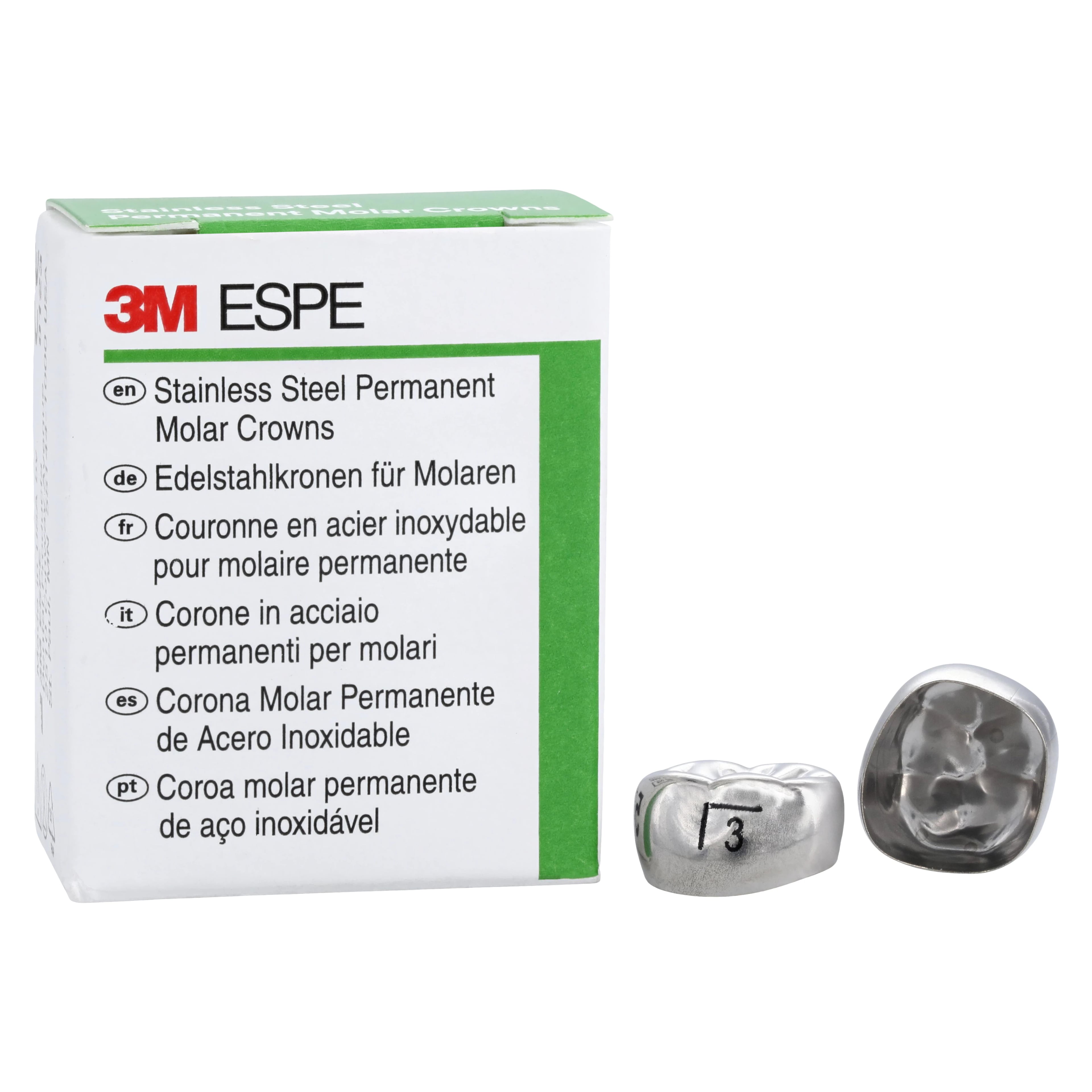 3M ESPE Stainless Steel Permanent Molar Crown, Size 6LL3, Lower Left First Permanent Molar, 5/Box, 6-LL-3