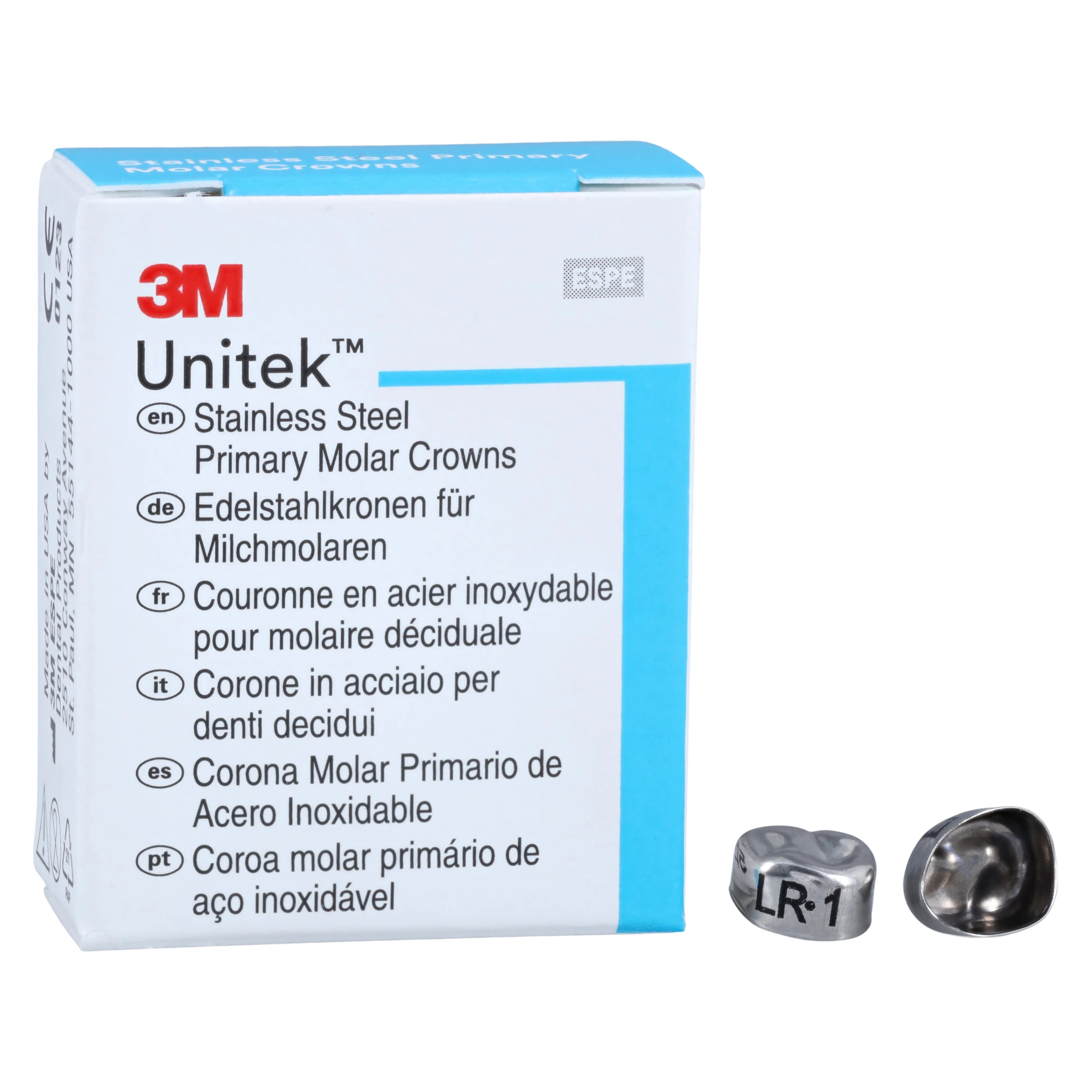 3M Unitek Stainless Steel Primary Molar Crown, Lower Right First Primary Molar, Size 1 (LR1), 5/Box, 900141
