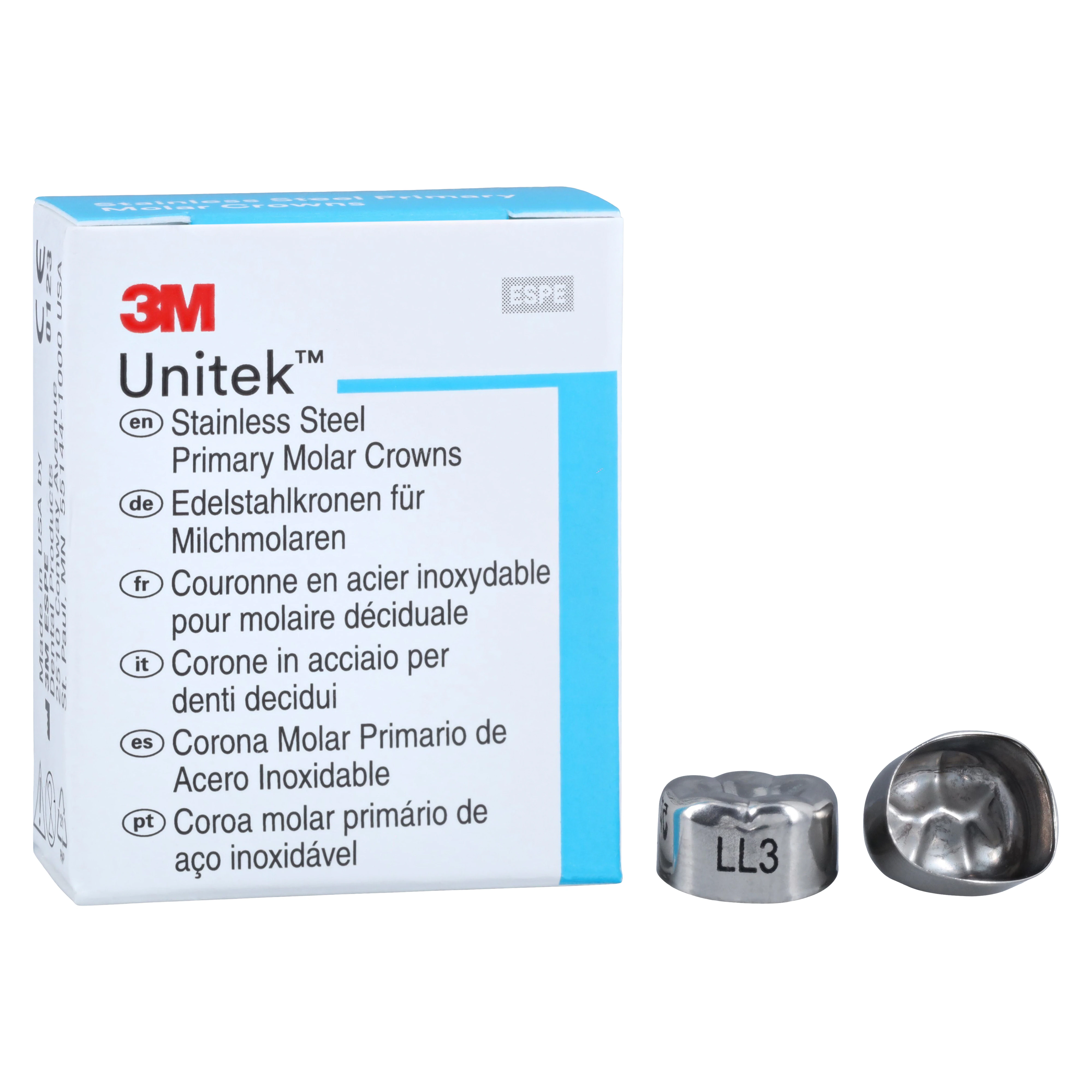 3M Unitek Stainless Steel Primary Molar Crown, Lower Left Second Primary Molar, Size 3 (LL3), 5/Box, 900233