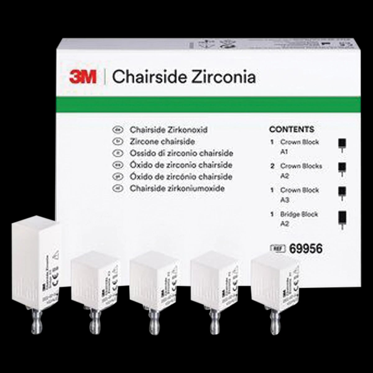 3M (Solventum) Chairside Zirconia Intro Kit for CEREC, 4 x 20mm Crown Blocks (A1, A2, A3) & 1 x 39mm Bridge Block (A2), 69956