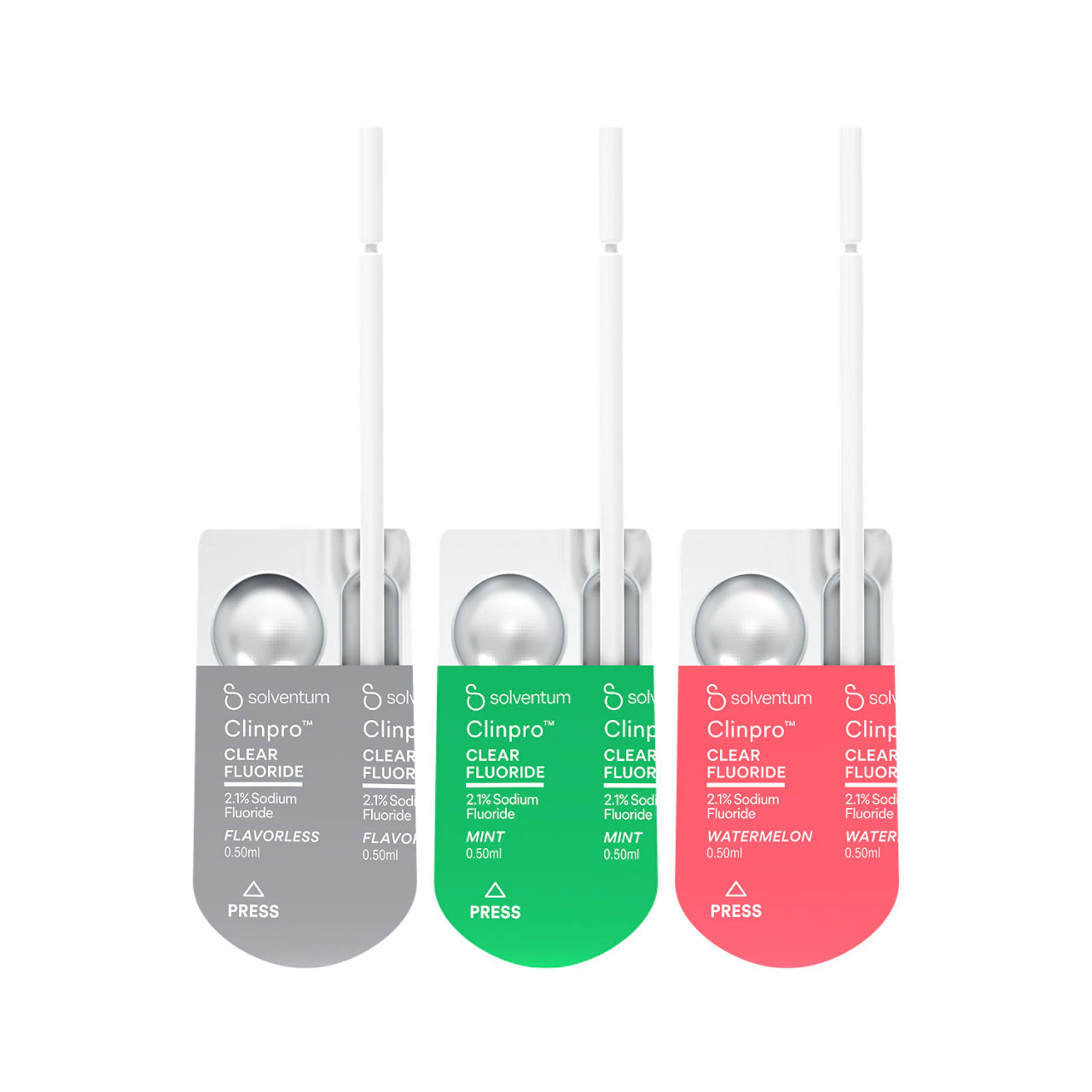3M Clinpro Clear Fluoride Treatment, Mixed Flavor (300 Watermelon, 300 Unflavored, 200 Mint), 0.5 mL Unit Dose, 800/Kit, 7230B