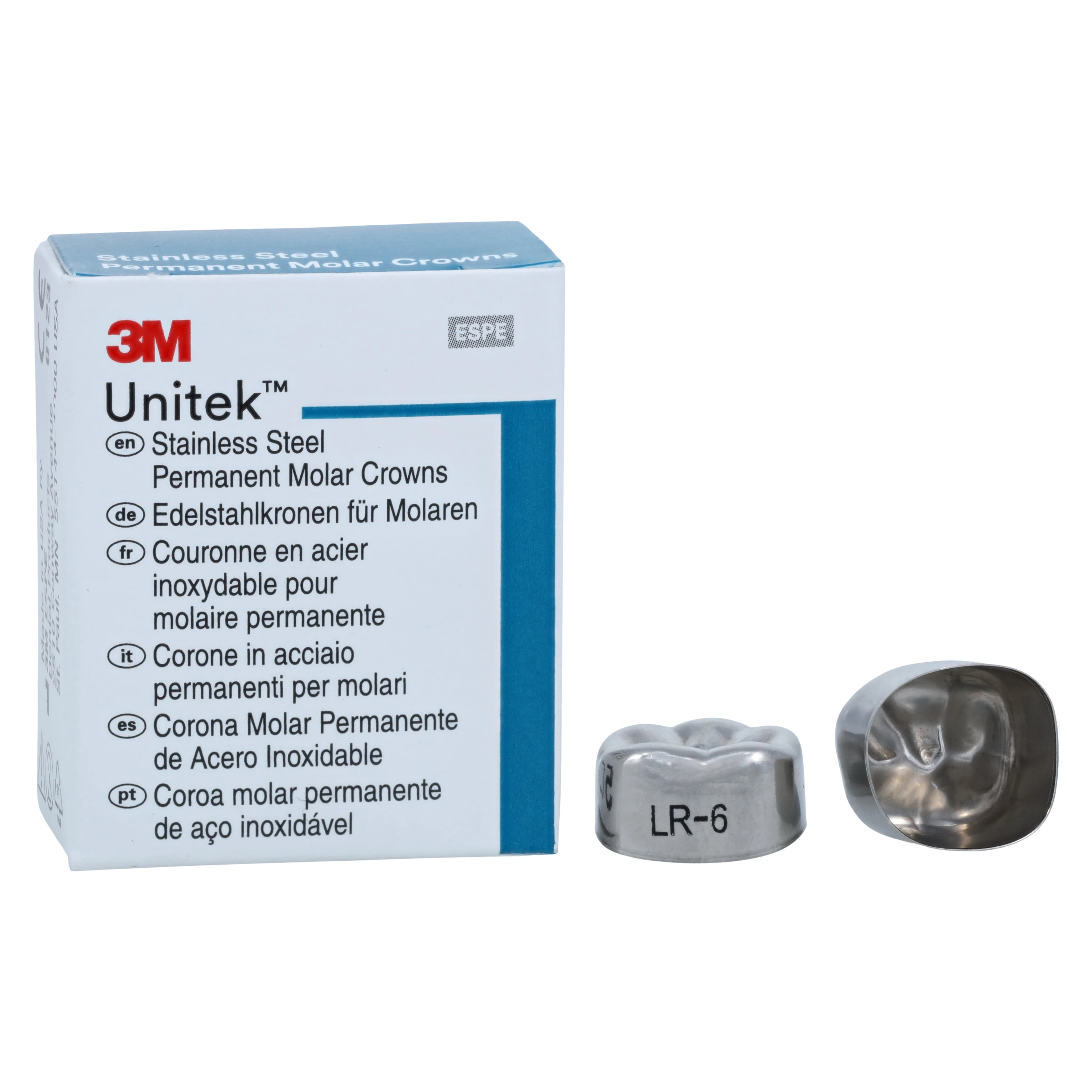 3M Unitek Stainless Steel Permanent Molar Crown, Lower Right First Permanent Molar, Size 6 (1LR6), 5/Box, 900346