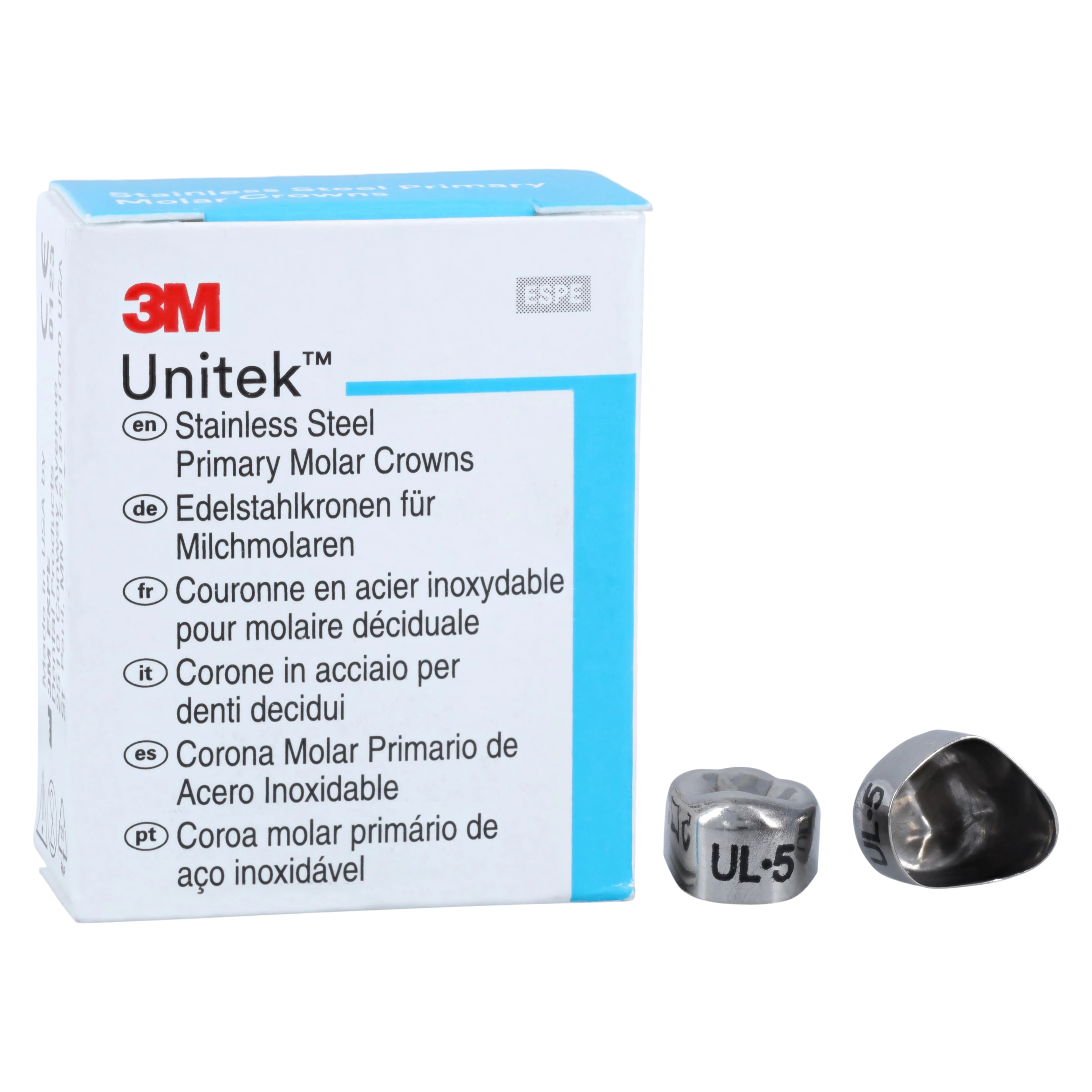 3M Unitek Stainless Steel Primary Molar Crown, Upper Left First Molar, Size 5, 5/Box, 900115