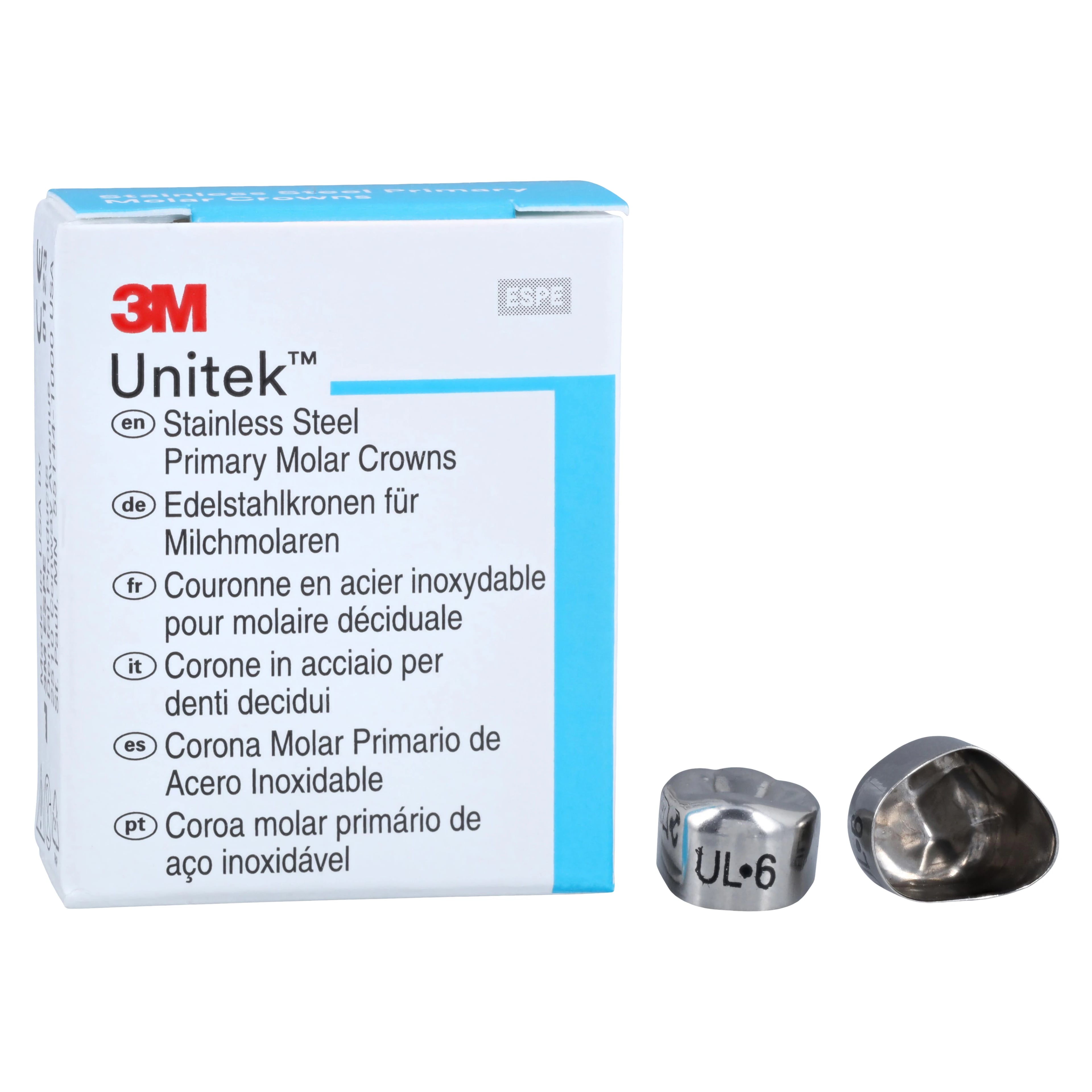 3M Unitek Stainless Steel Primary Molar Crown, Upper Left First Molar, Size 6, 5/Box, 900116
