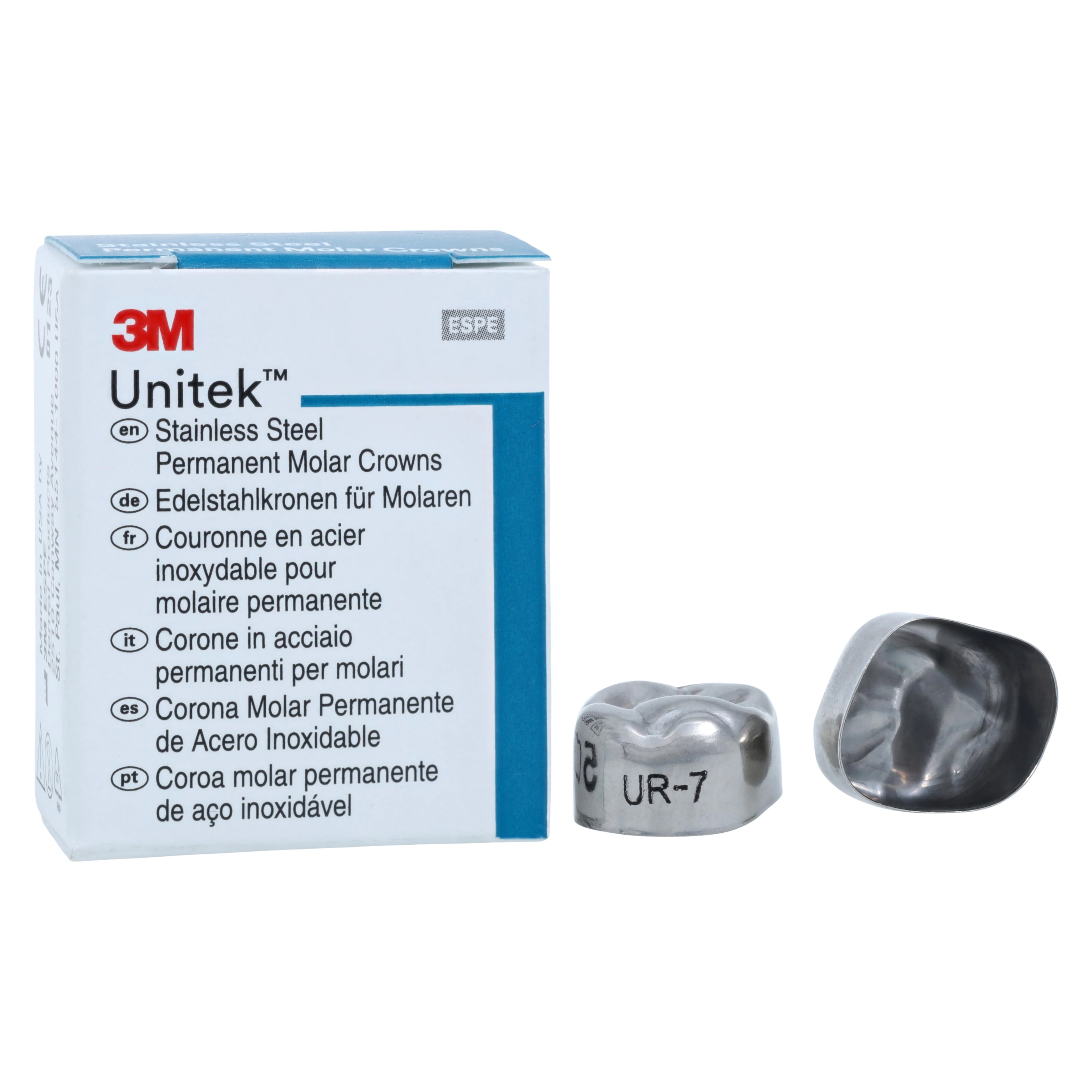 3M Unitek Stainless Steel Permanent Molar Crown, Upper Right First Permanent Molar, Size 7, 5/Box, 900327