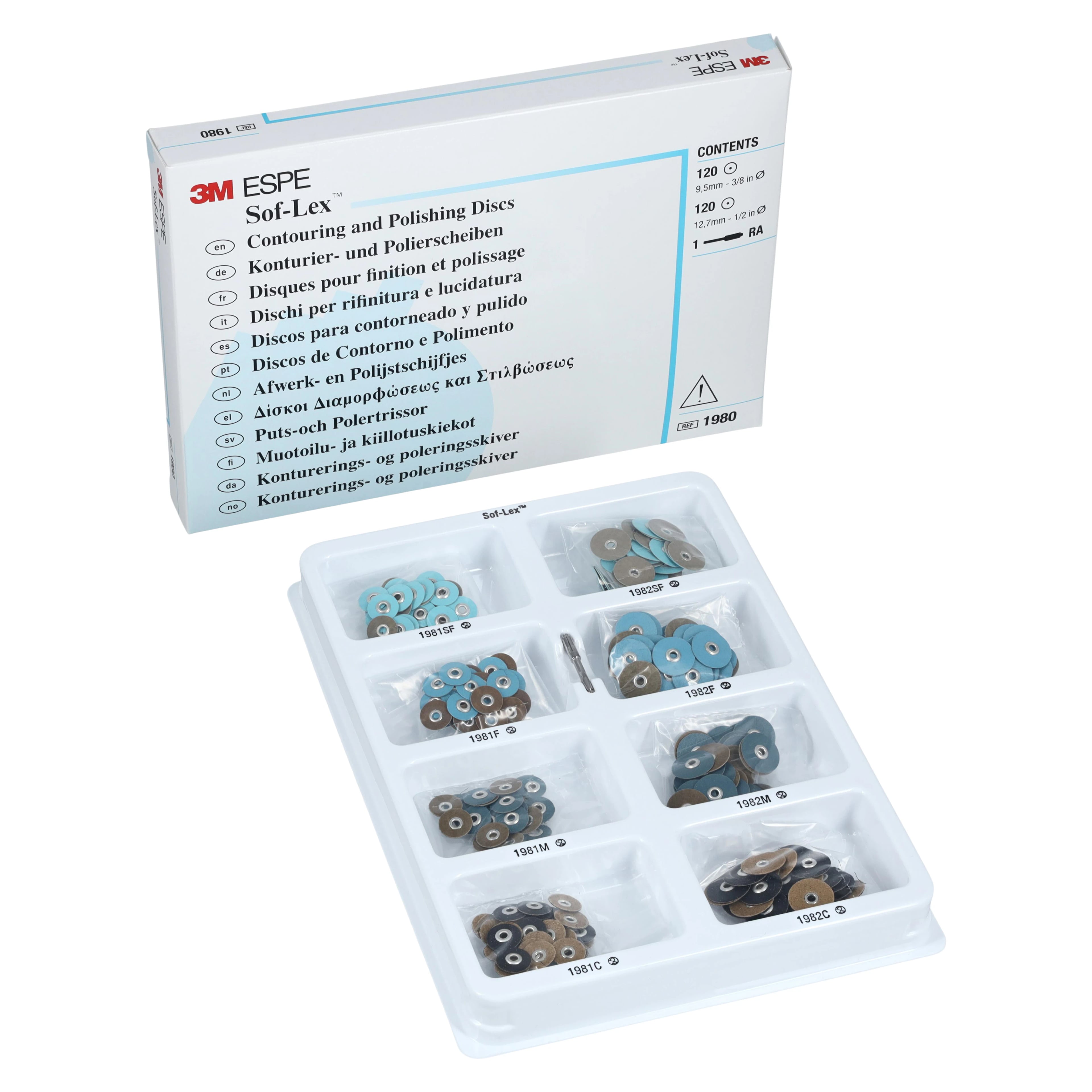 3M Sof-Lex Contouring and Polishing Discs Assortment Kit, Pop-On, Coarse/Medium/Fine/Superfine, 1/2" and 3/8", 1 RA Mandrel, 1980