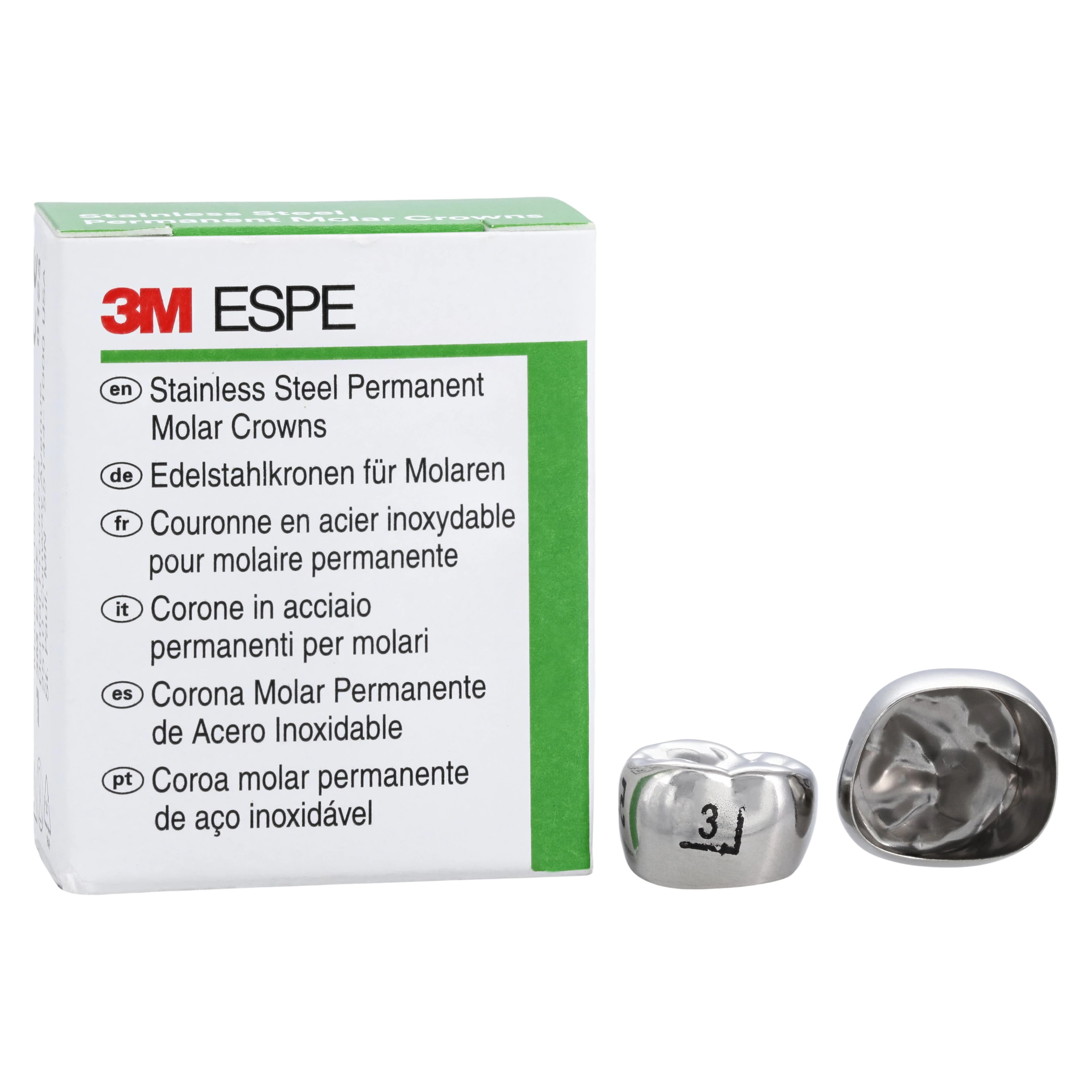 3M ESPE Stainless Steel Permanent Molar Crown, 6UR3, Upper Right First Permanent Molar, Size 3, 5/Box