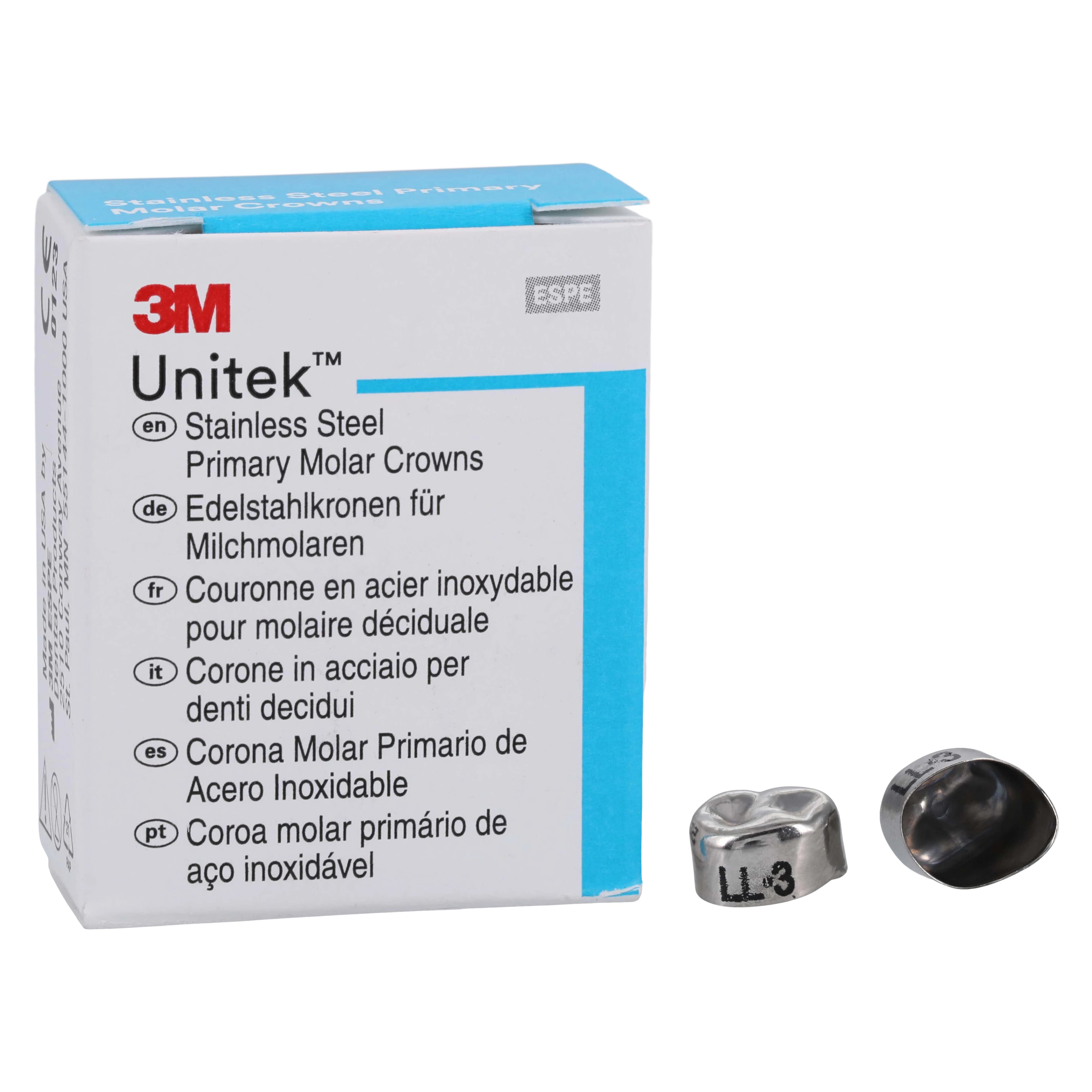 3M Unitek Stainless Steel Primary Molar Crown, Lower Left First Molar, Size 3 (LL3), 5/Box, 900133