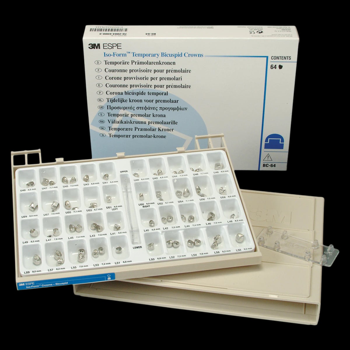 3M Iso-Form Temporary Preformed Tin-Silver Crowns, Bicuspid, Introductory Kit, 64 Crowns, BC-64