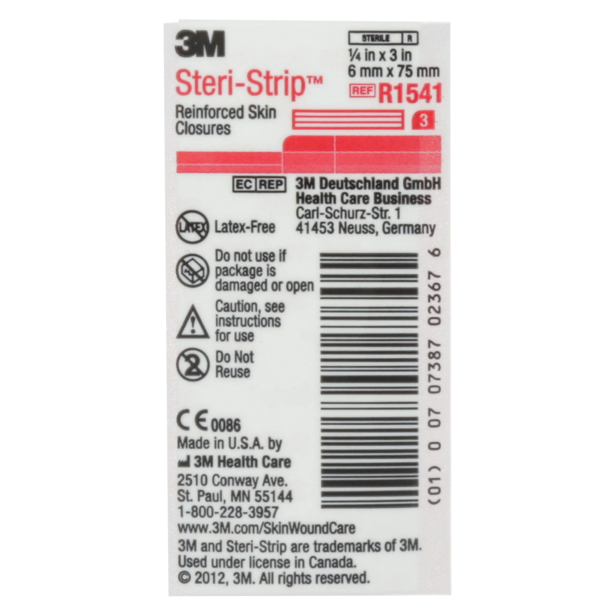 3M Steri-Strip Reinforced Adhesive Skin Closures, 1/4" x 3", White, 3 Strips/Env, 50 Env/Bx, R1541