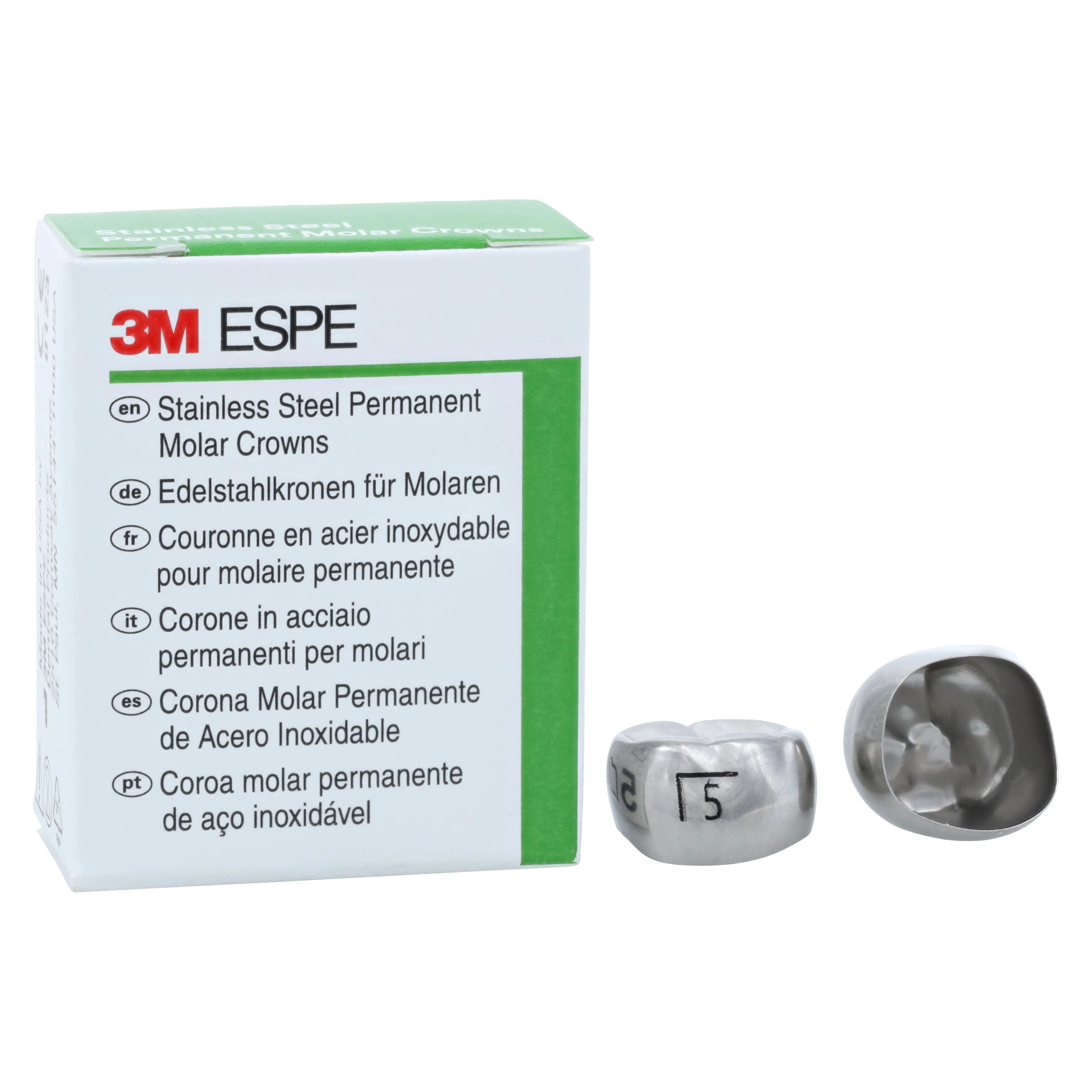 3M ESPE Stainless Steel Permanent Molar Crown, Size 6LL5, Lower Left First Permanent Molar, 5/Box, 6-LL-5