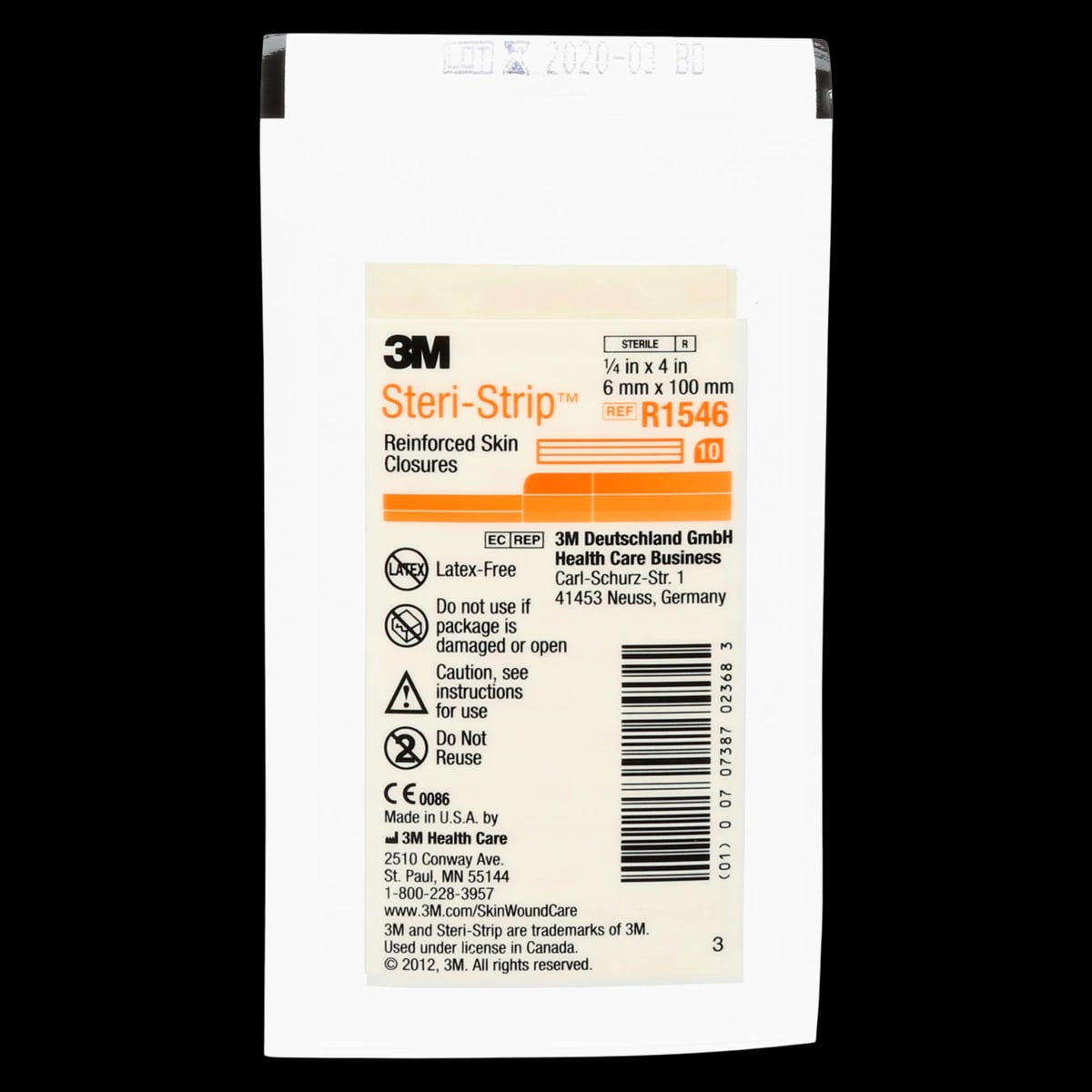 3M Steri-Strip Adhesive Skin Closures, Reinforced, 1/4" x 4", White, 50/Box, R1546