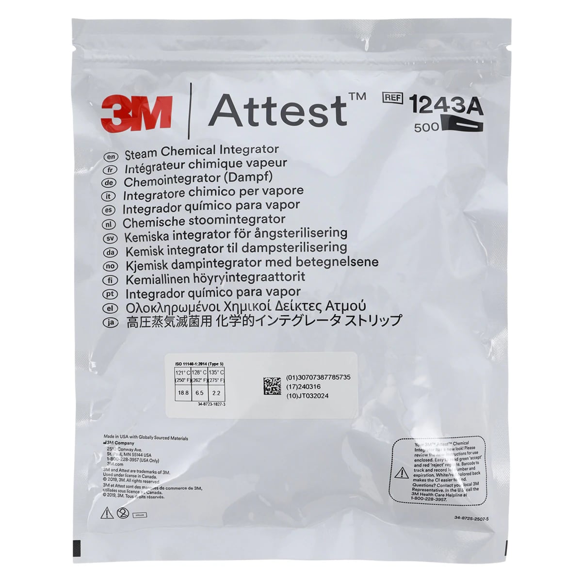 3M Attest (Comply SteriGage) Class 5 Steam Chemical Integrator, 2" x 0.75", 500/Pk, 1243A