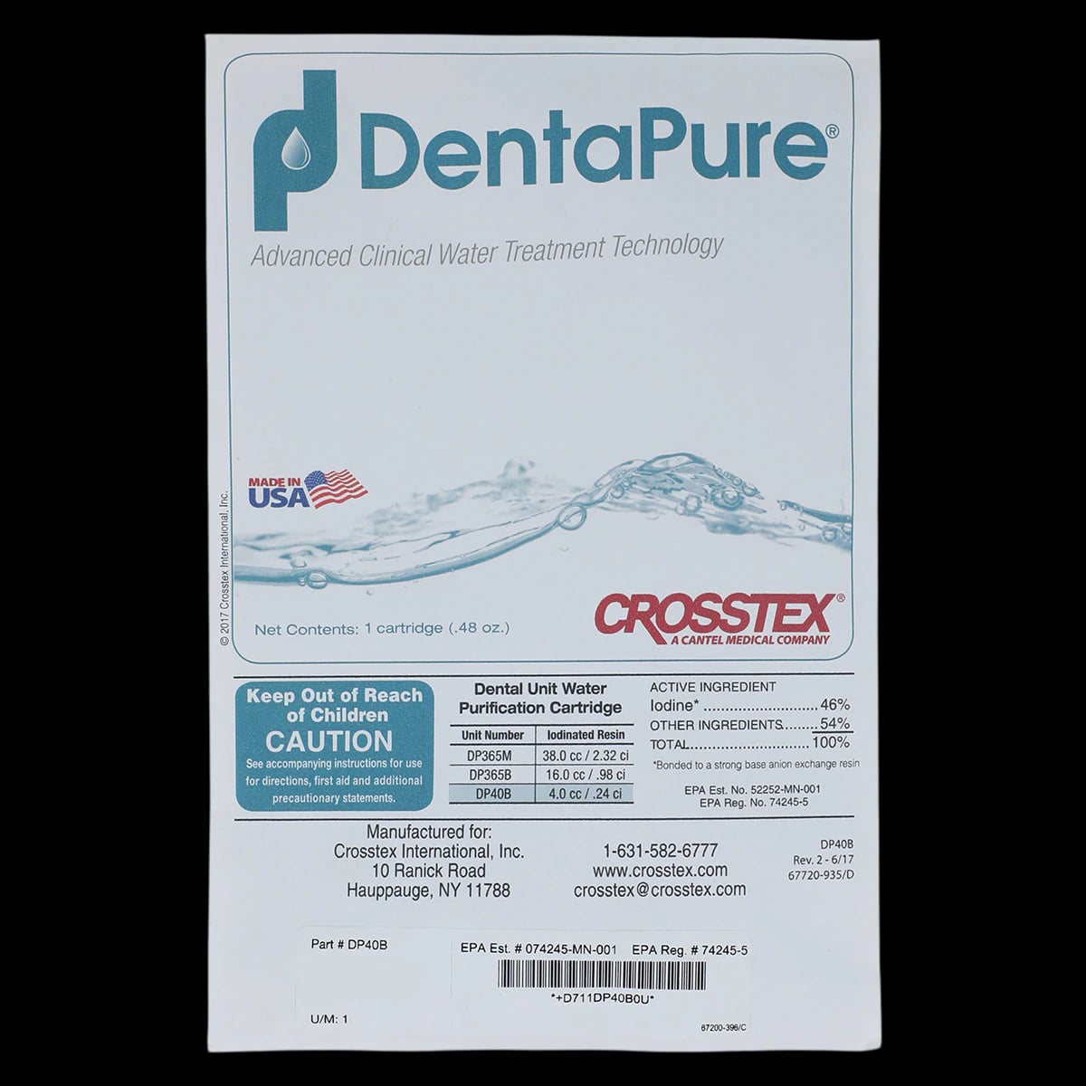 Crosstex DentaPure DP40B Iodinated Water Bottle Cartridge, 60-Day, B Series, 1/Pk