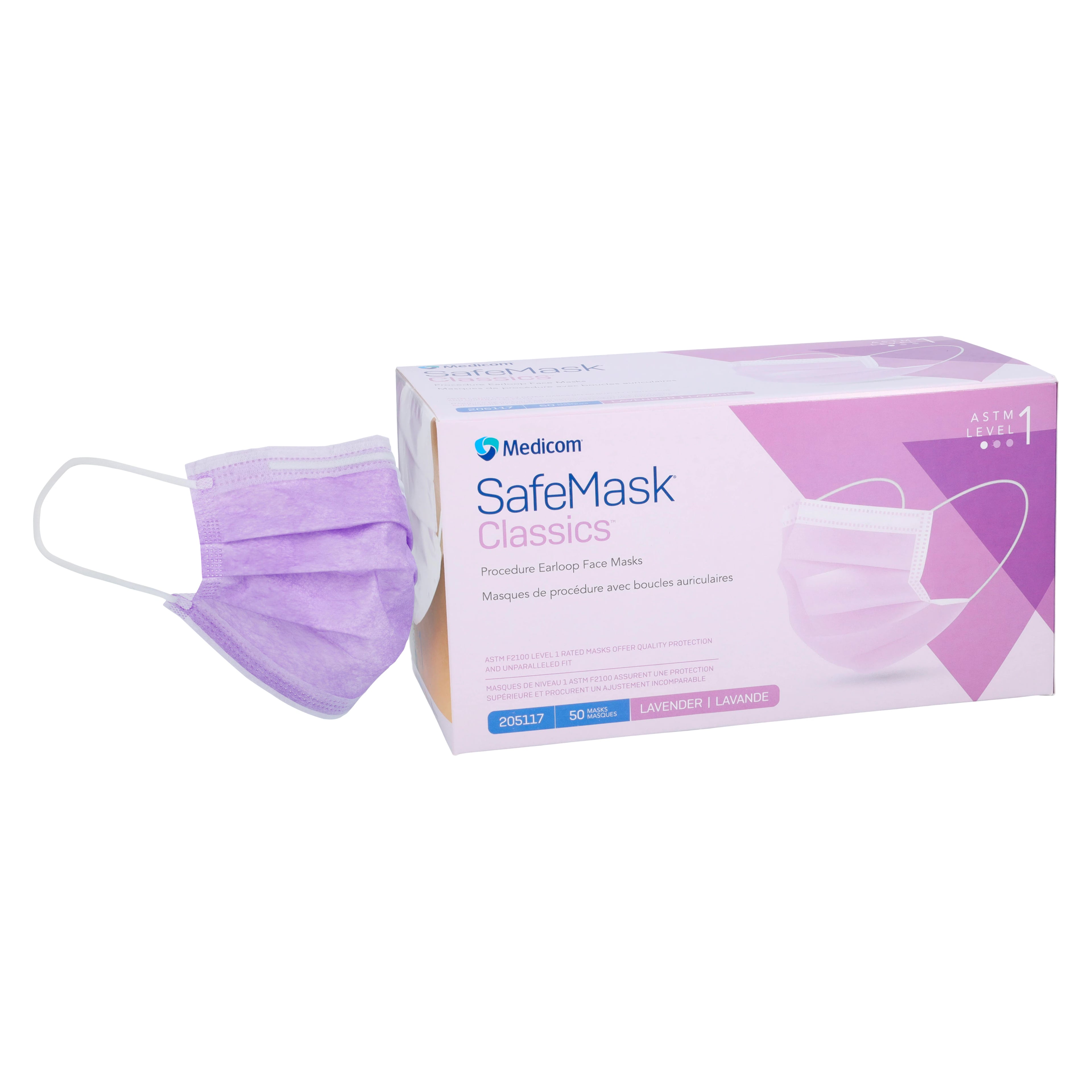 SafeMask® Classics™ ASTM Level 1 Procedure Earloop Face Mask, Lavender/Violet, 50/Bx, 205117