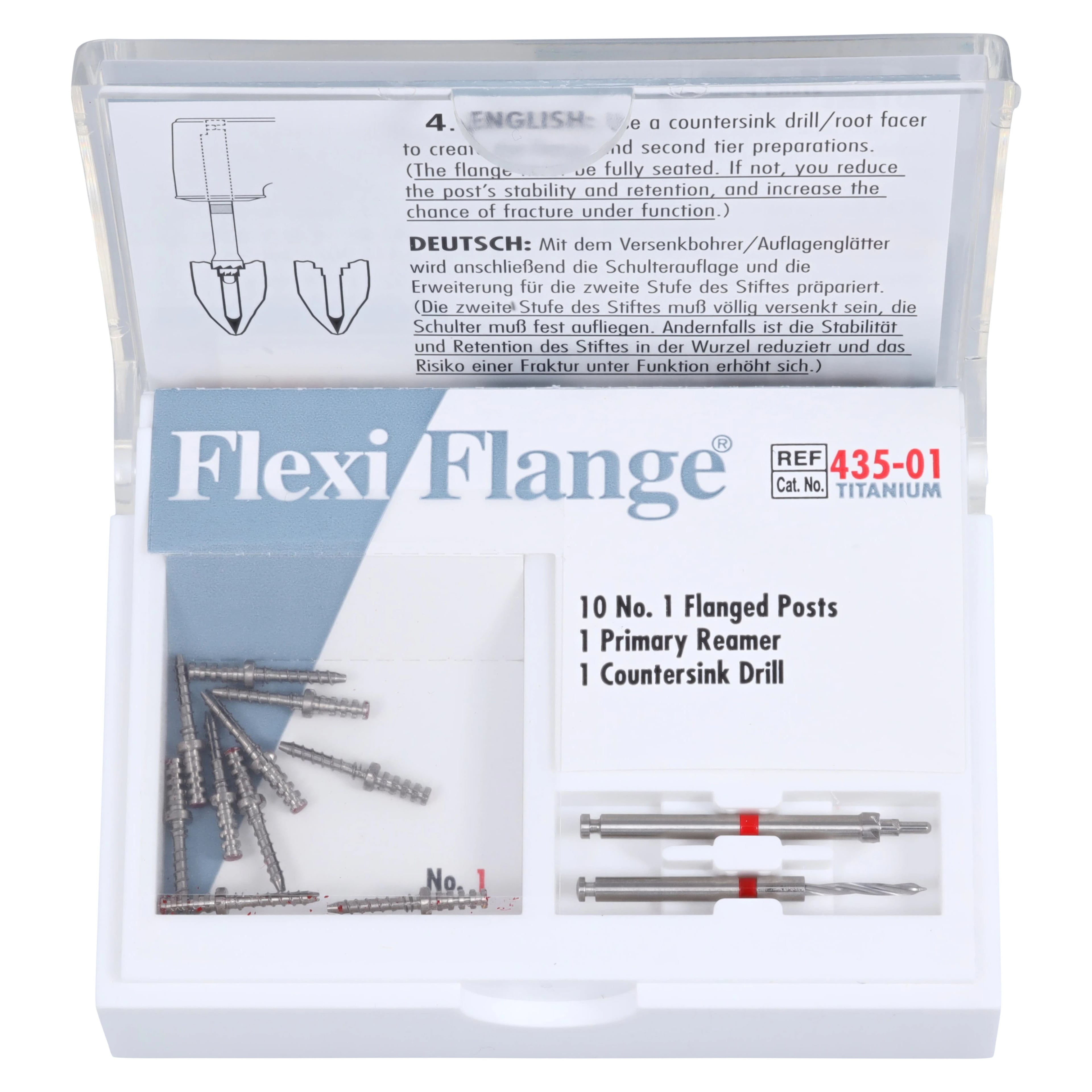 Flexi-Flange Post Titanium Refill Kit, Size 1 (Red), 10 Posts with Reamer and Countersink Drill, 435-01
