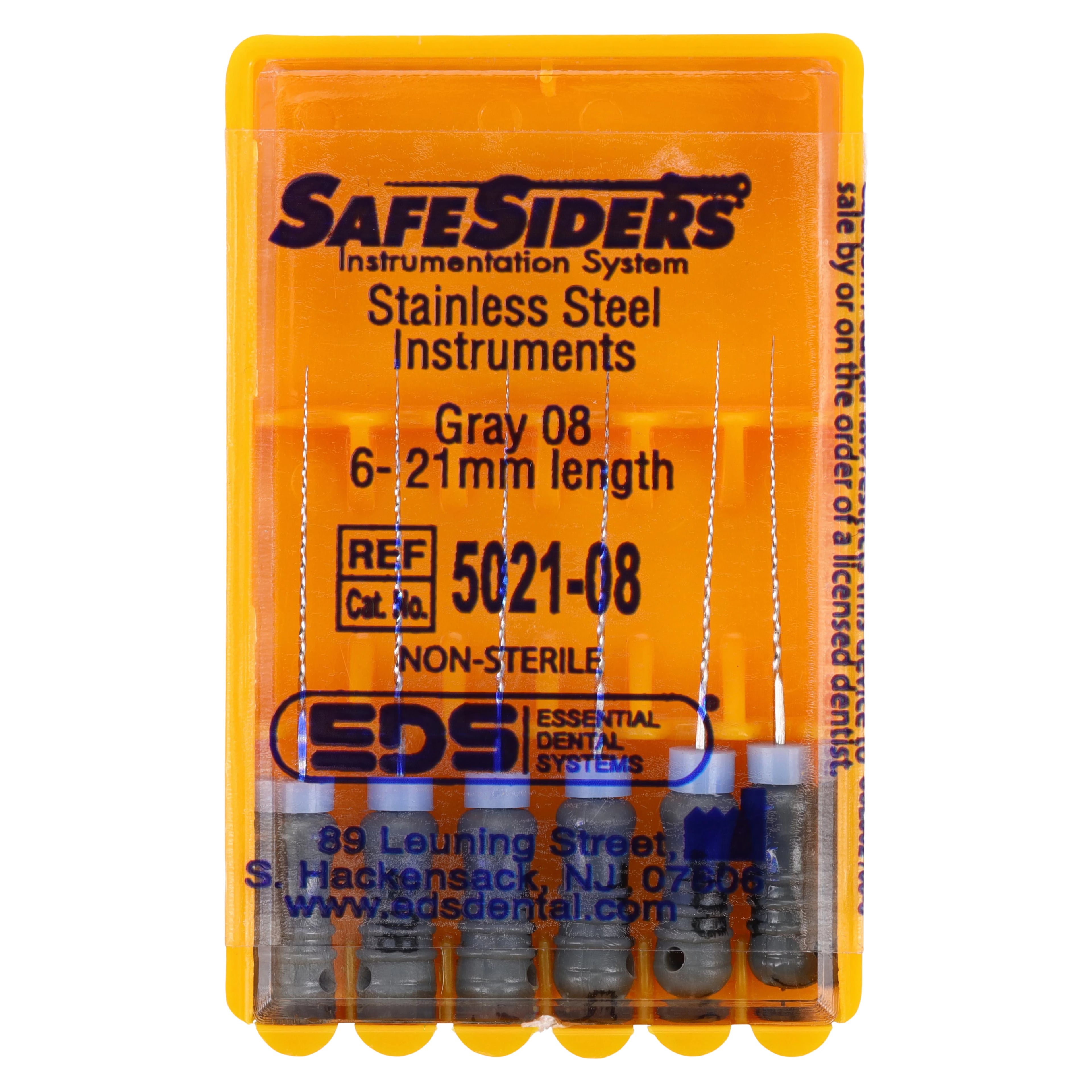 SafeSiders Endodontic Hand Reamers, 21 mm, 0.02 Taper, Size #08, Grey, Stainless Steel, 6/Pkg, 5021-08