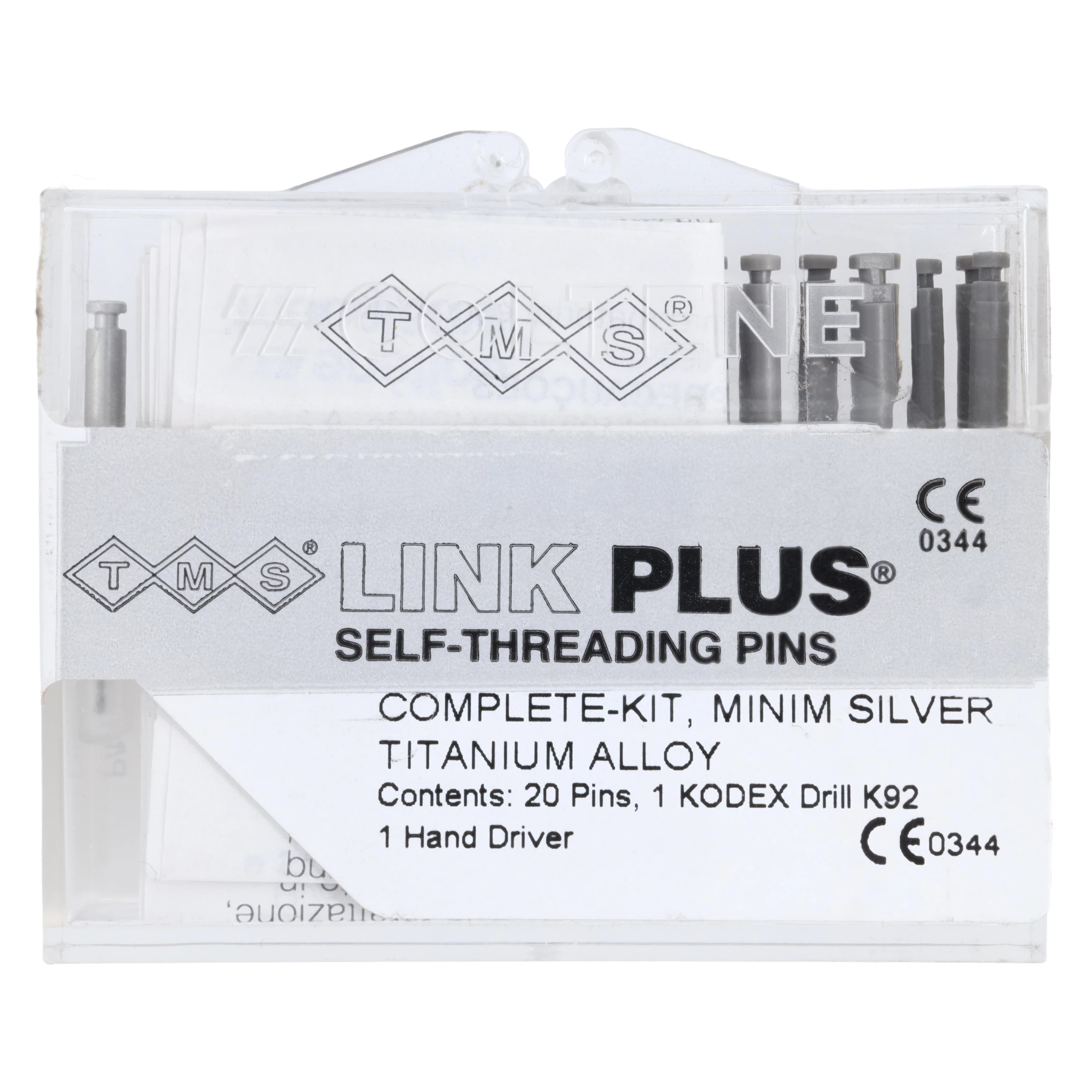 TMS Link Plus Minim Silver Titanium Alloy Single-Shear Parapulpal Pin Complete Kit, 0.021"/0.525 mm, 20 Pins with Kodex K92 Drill and Universal Hand Driver, L-821