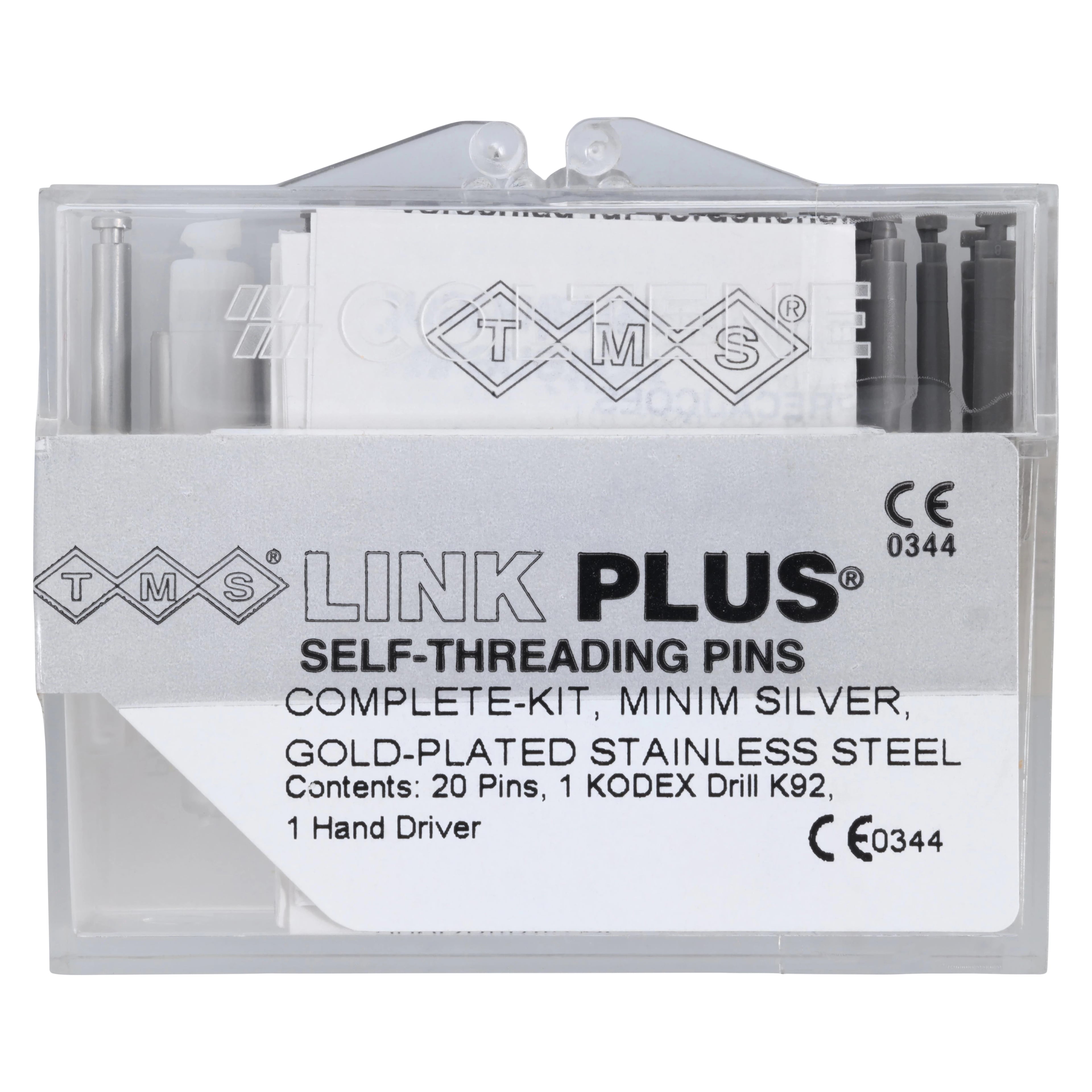 TMS Link Plus Minim Single Shear Complete Kit, Silver Gold-Plated Stainless Steel, 0.021"/0.525 mm, 20 Pins with Kodex Drill K92 and Universal Hand Driver, L-721