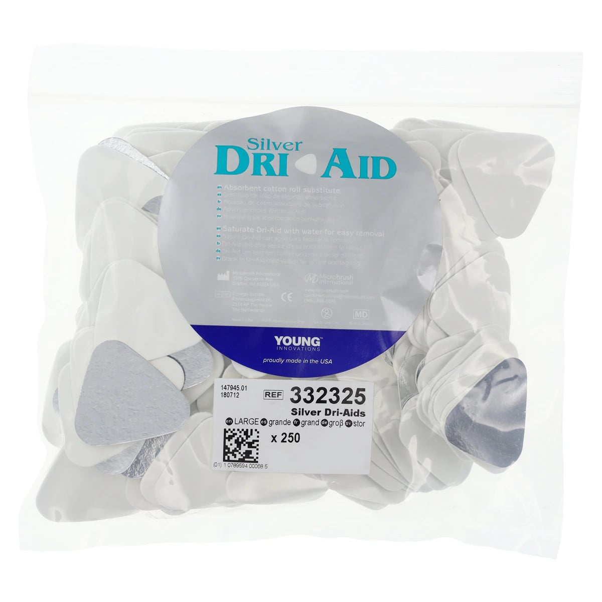 Silver Dri-Aid Absorbent Wafers, Large, Cotton Roll Substitute with Reflective Backing, 250/Pack, 332325