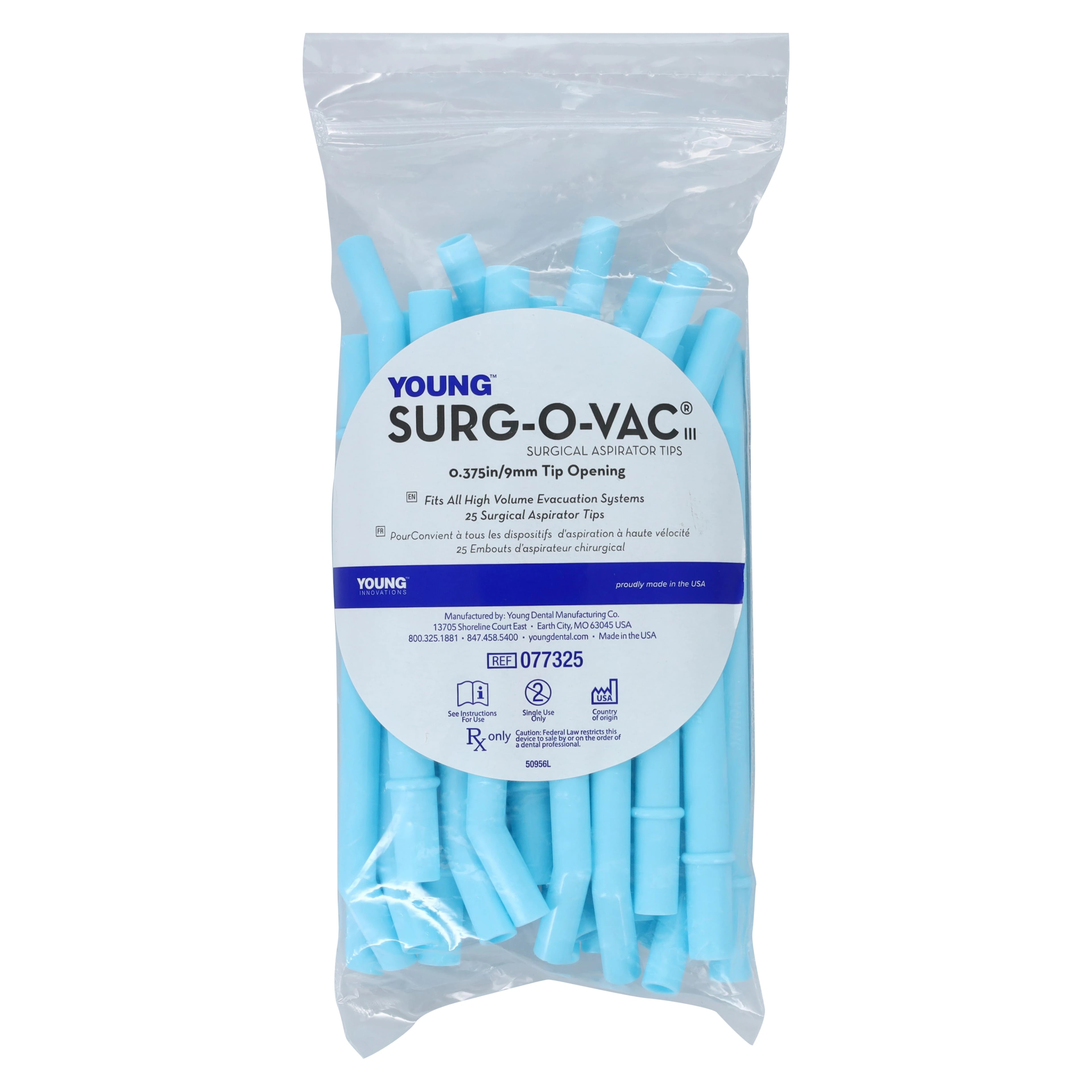 Surg-O-Vac III Surgical Aspirator Tips, Plastic, 0.375" (9 mm), 30° Angle, Blue, 25/Pk, 077325