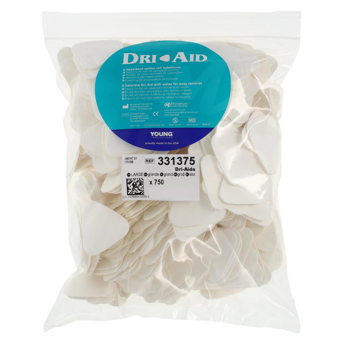Dri-Aid Cotton Roll Substitute Wafers, Large, White, 750/Pkg, 331375