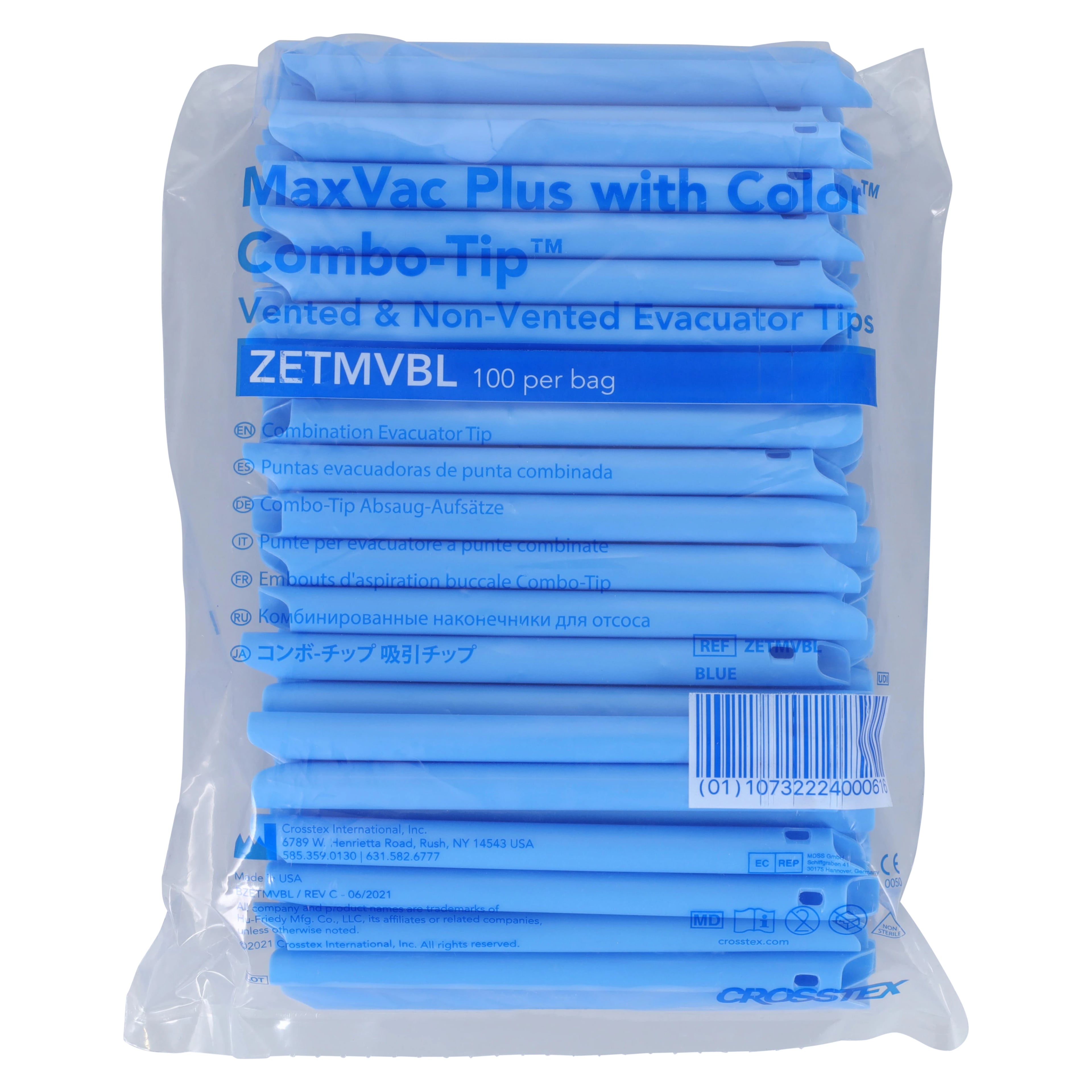 MaxVac Plus Combo Tip HVE Evacuator Tips, Vented/Non-Vented, Blue, 100/Pk, ZETMVBL
