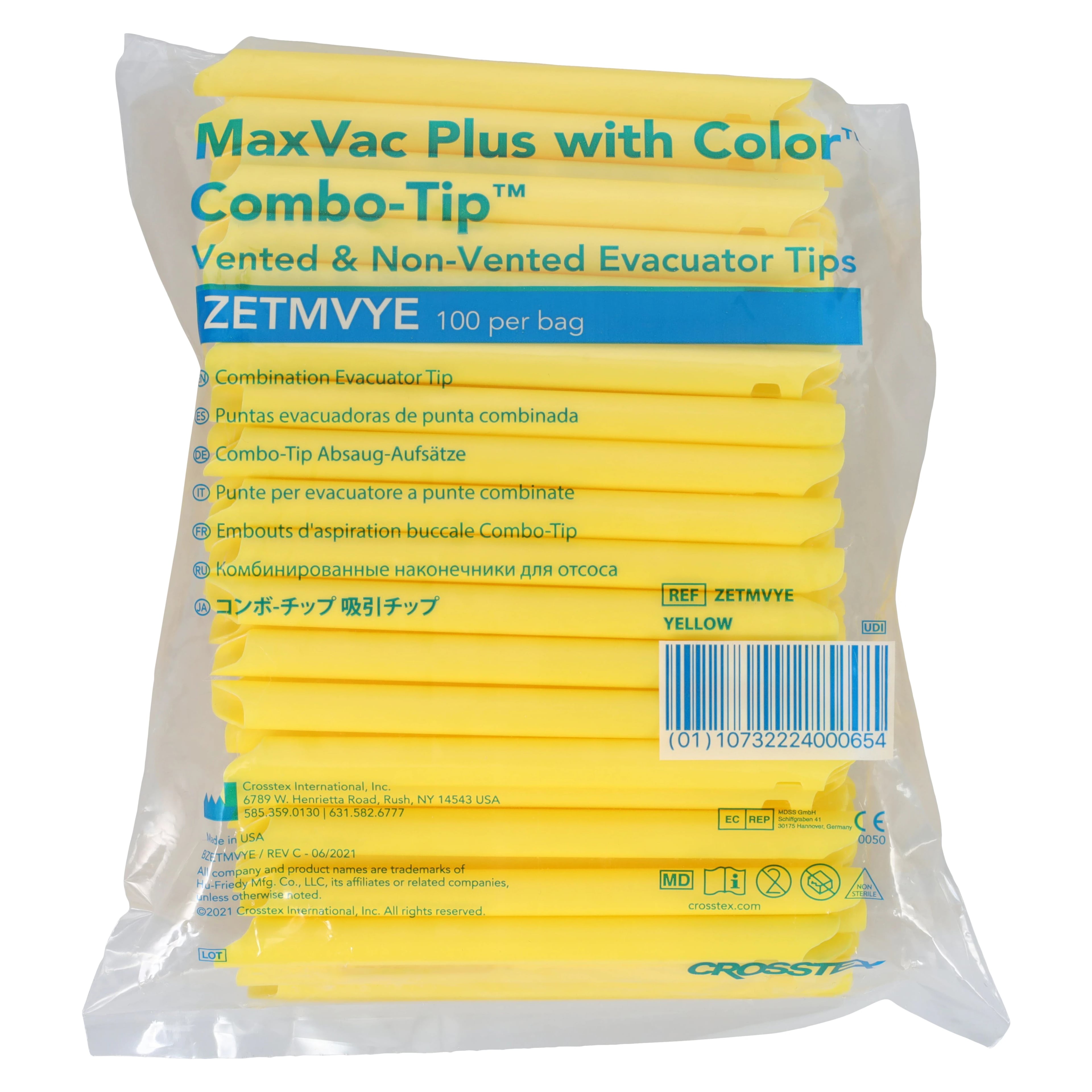 MaxVac Plus Combo-Tip HVE Evacuator Tips, Vented/Non-Vented, Yellow, 100/Pk, ZETMVYE