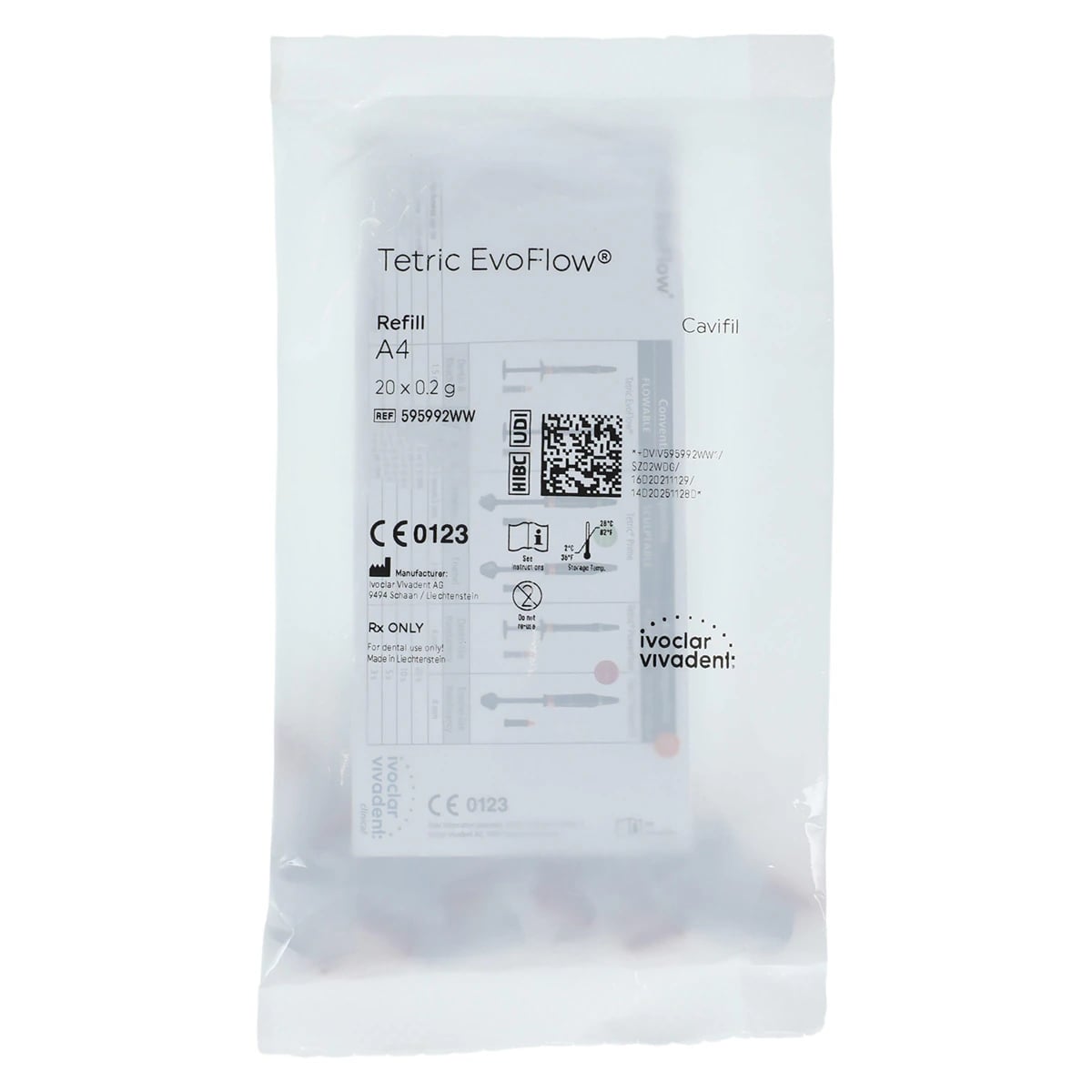 Tetric EvoFlow Flowable Composite Refill, Shade A4, 0.2 g Cavifil, 20/Box, 595992WW