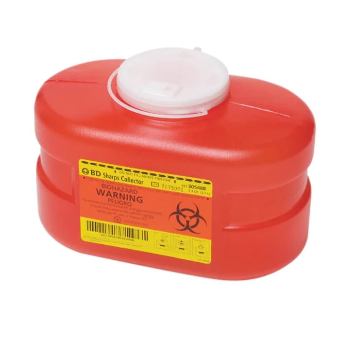 BD Multi-Use One-Piece Sharps Collector, Hinged Lid with Petals, 3.3 Qt, Small, Red, 305488
