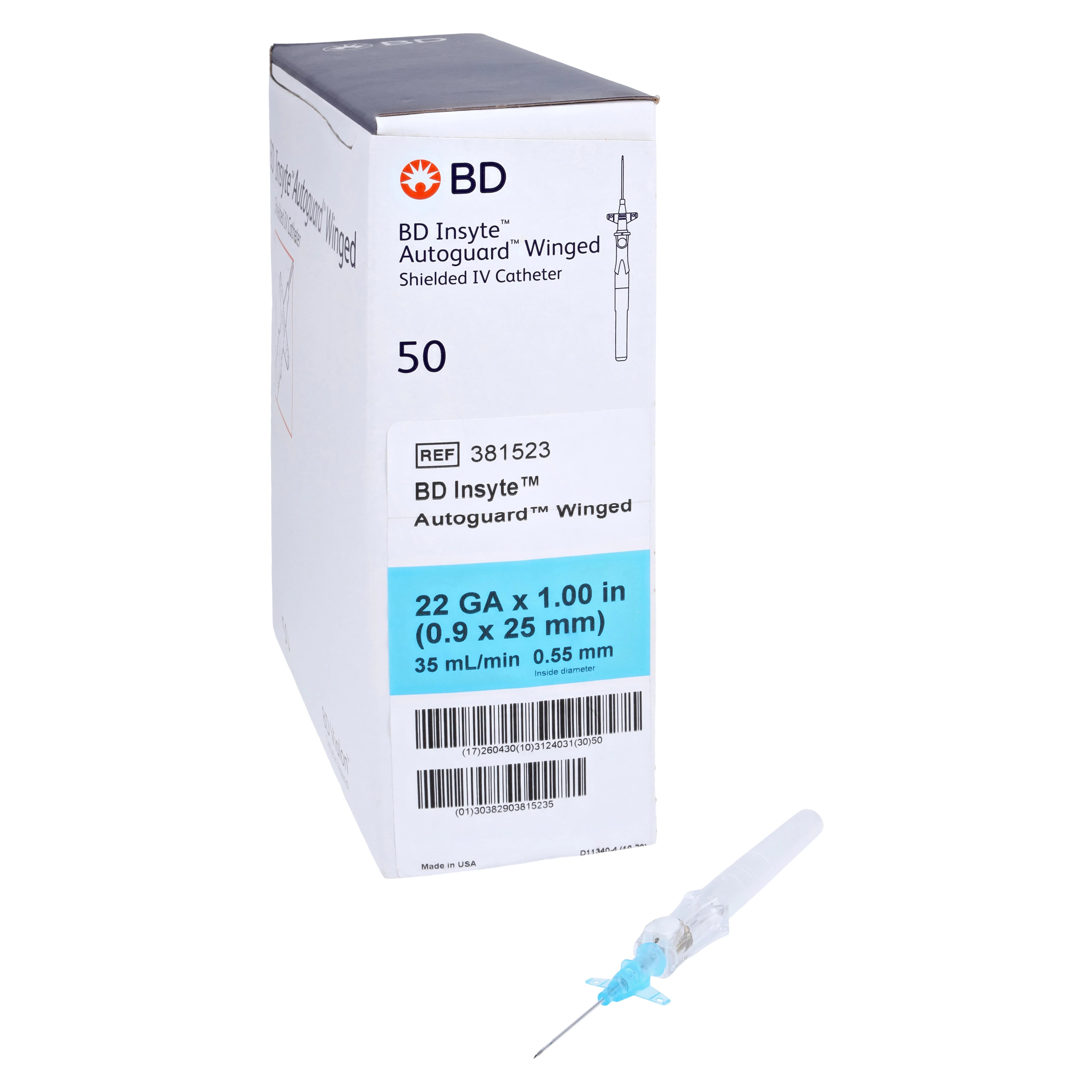 BD Insyte Autoguard Shielded IV Catheter, 22G x 1", Blue, Winged, Notched Needle, 50/Bx, 381523