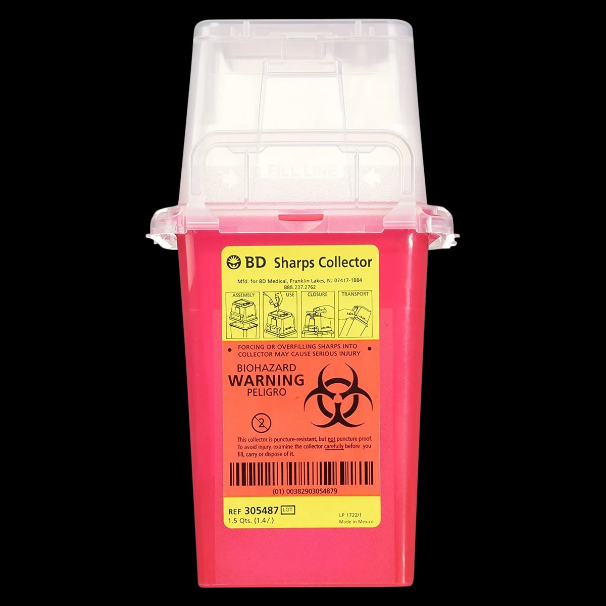 BD Phlebotomy Sharps Collector, Red Tray, 1.5 Quart, with Needle Port, 305487