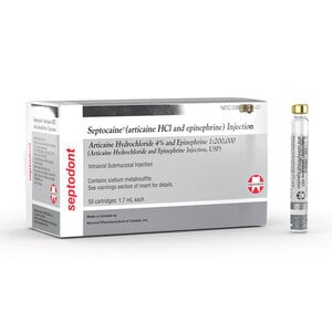 Septocaine 4% Articaine HCl with Epinephrine 1:200,000 Injection, 1.7 mL Cartridges, Box of 50