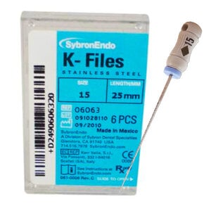 Kerr K-Files, Stainless Steel, Size #15, 25mm, White, B Handle, 6/Box, 06063