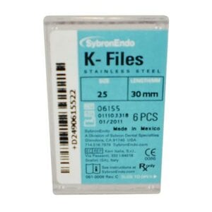Kerr K-Files, Stainless Steel, Size #25, 30mm, Red, B Handle, 6/Box, 06155