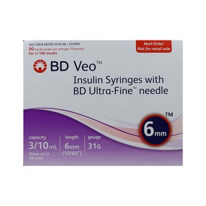 BD Insulin Syringe 0.3 mL (3/10 mL) with 31G x 5/16" (6 mm) Needle, 100 per Box