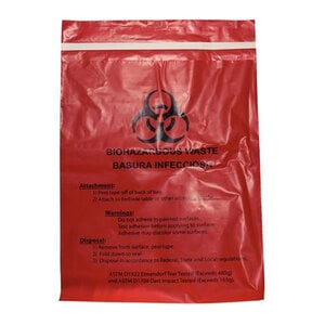 Unimed-Midwest Stick-On Biohazard Waste Bags, Red, 12" x 14", 2.6 Quart, 100/Bx