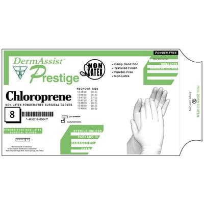 DermAssist™ Prestige Chloroprene Surgical Gloves, Sterile, Powder Free, Size 8, White, 25 Pairs/Box, 134800