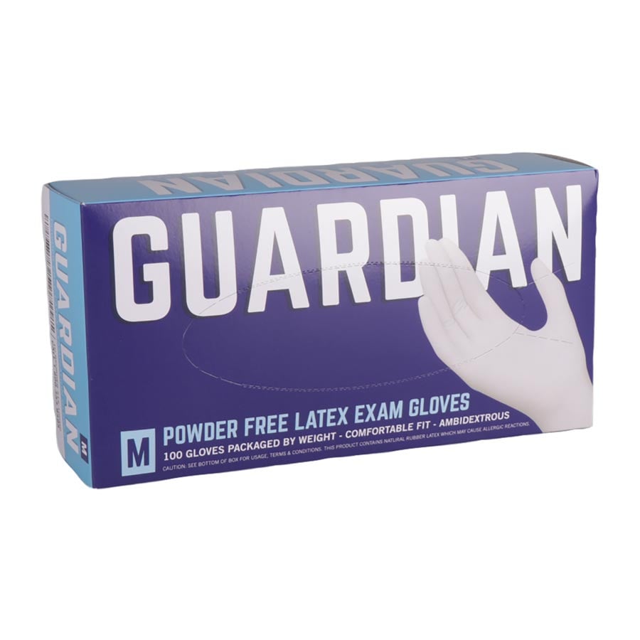 Guardian PF Latex Examination Gloves, Medium, Powder Free, 100/Box