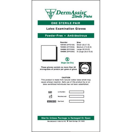 DermAssist Sterile Powder-Free Textured Latex Exam Gloves, Small (6-1/2 - 7), 50 Pairs/Box, 104100