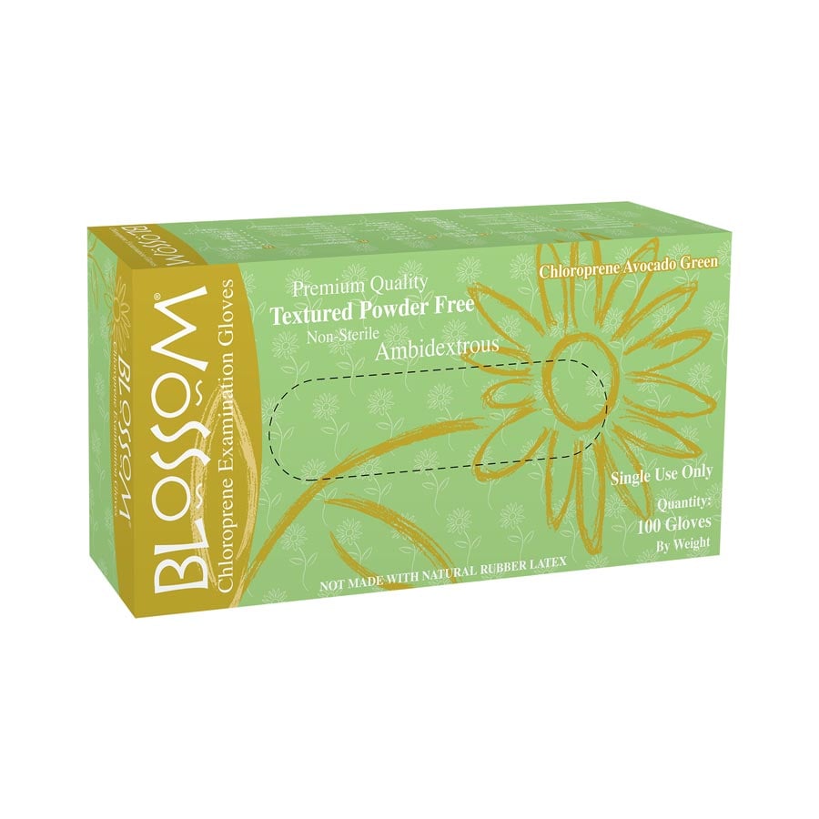 Blossom® Chloroprene Exam Gloves, Powder Free, Non-Sterile, Avocado Green, Small, 100/Box