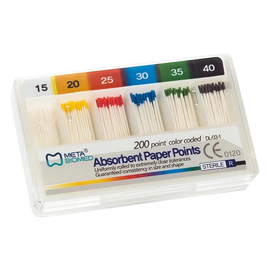 Meta Absorbent Paper Points, Color Coded ISO, Spill Proof, .02 Taper, Sizes 15-40, 200/Box