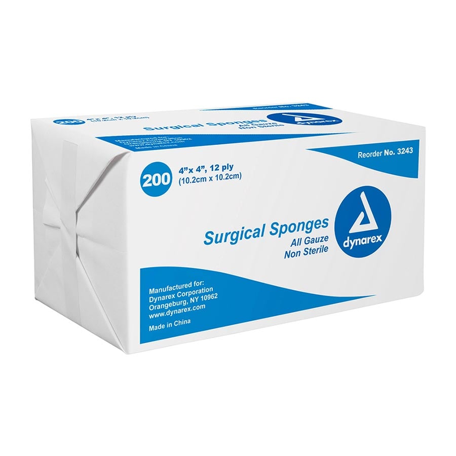 Dynarex All Gauze Surgical Sponge, 4" x 4", 12 Ply, 2000/Case, #3243