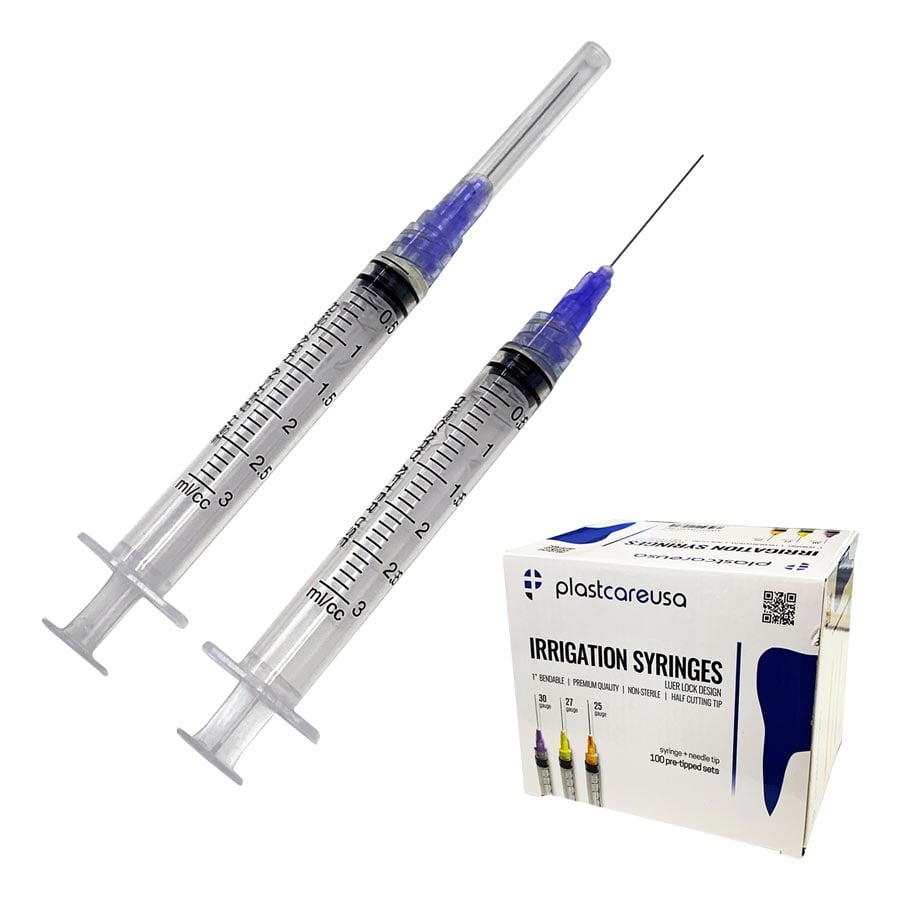 Plastcare USA Pre-Tipped Endodontic Syringe, 3cc, 30 Gauge Notched Needle, 100/Box, S3CC30G