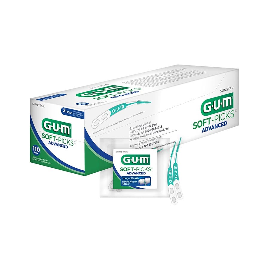 GUM Soft-Picks Advanced Interdental Cleaners, Longer Curved Handle, 2 Picks/Pack, 110 Packs/Box (220 Picks), 650PA