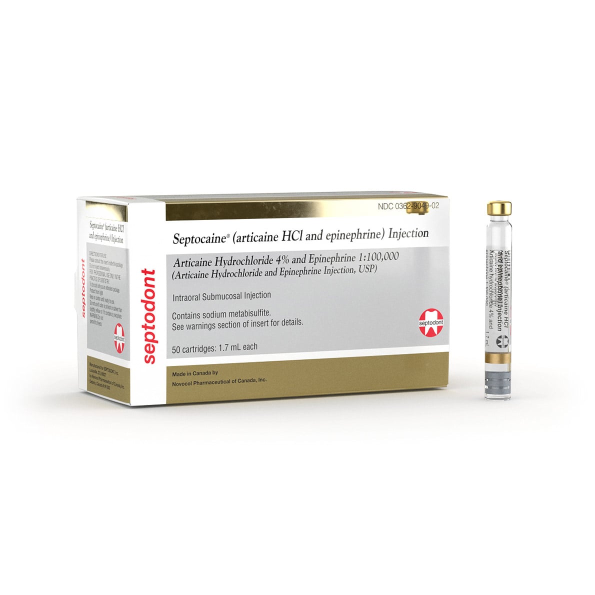 Septocaine Gold Articaine HCl 4% with Epinephrine 1:100,000, 1.7 mL Cartridges, 50/Box, 01A1400