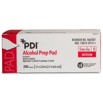 PDI Alcohol Prep Pad, Sterile, Medium, 1.1" x 2.6", 70% Isopropyl Alcohol, 200/Box, B60307
